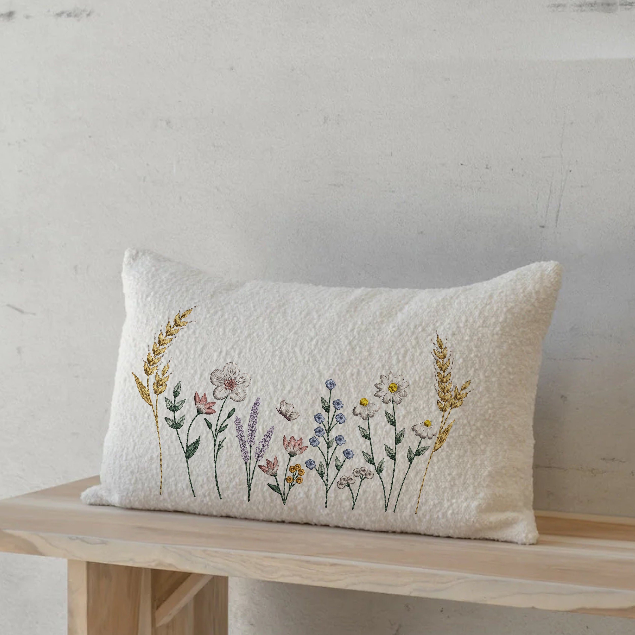 Summer Wildflowers Machine Embroidery Design embroidered on a cushion