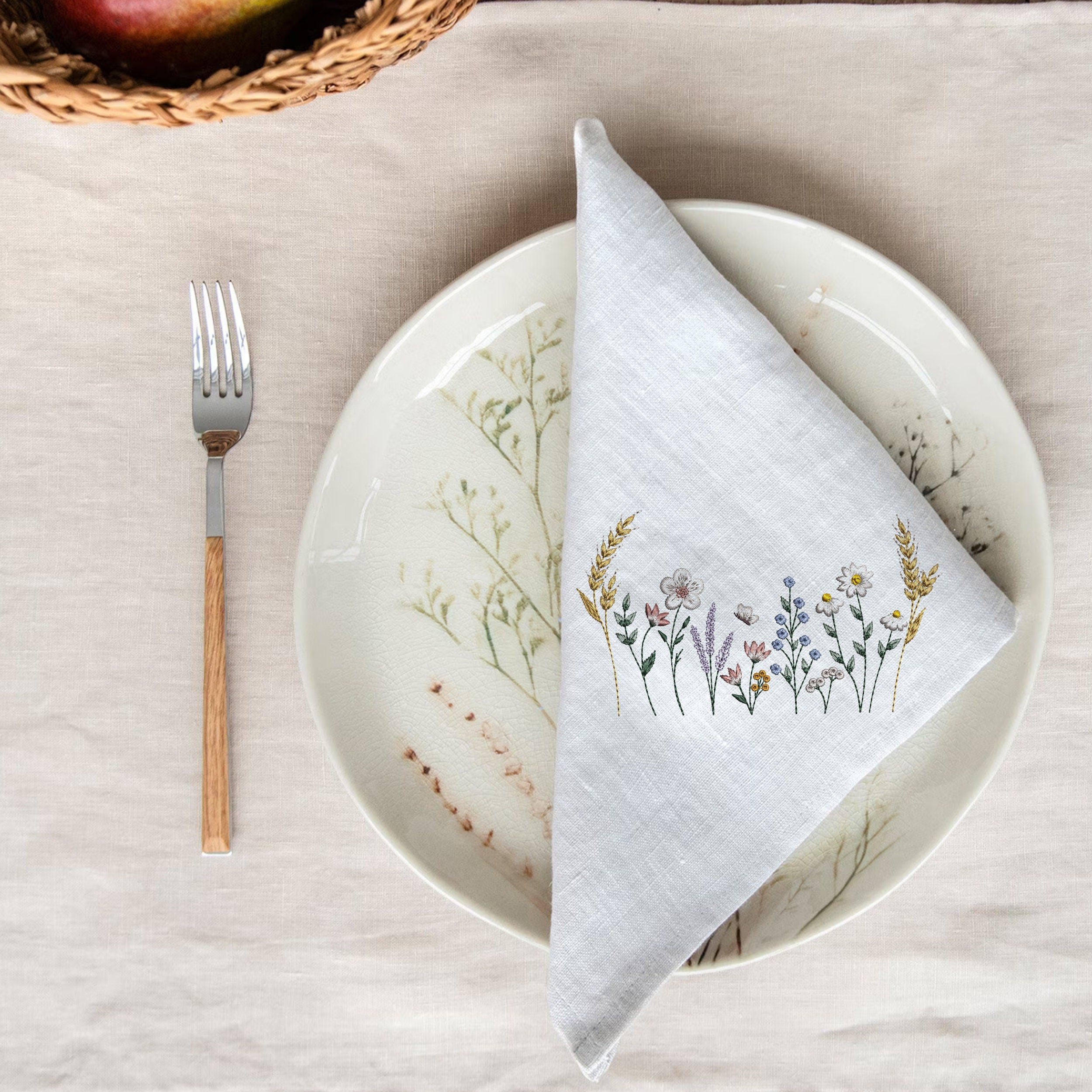 Summer Wildflowers Machine Embroidery Design embroidered on a linen napkin