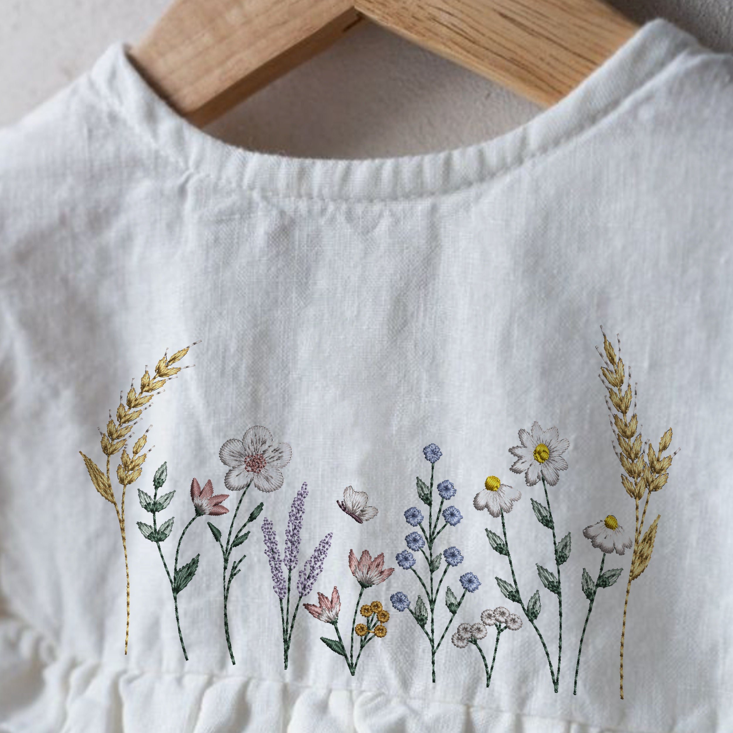 Summer Wildflowers Machine Embroidery Design embroidered on a linen dress