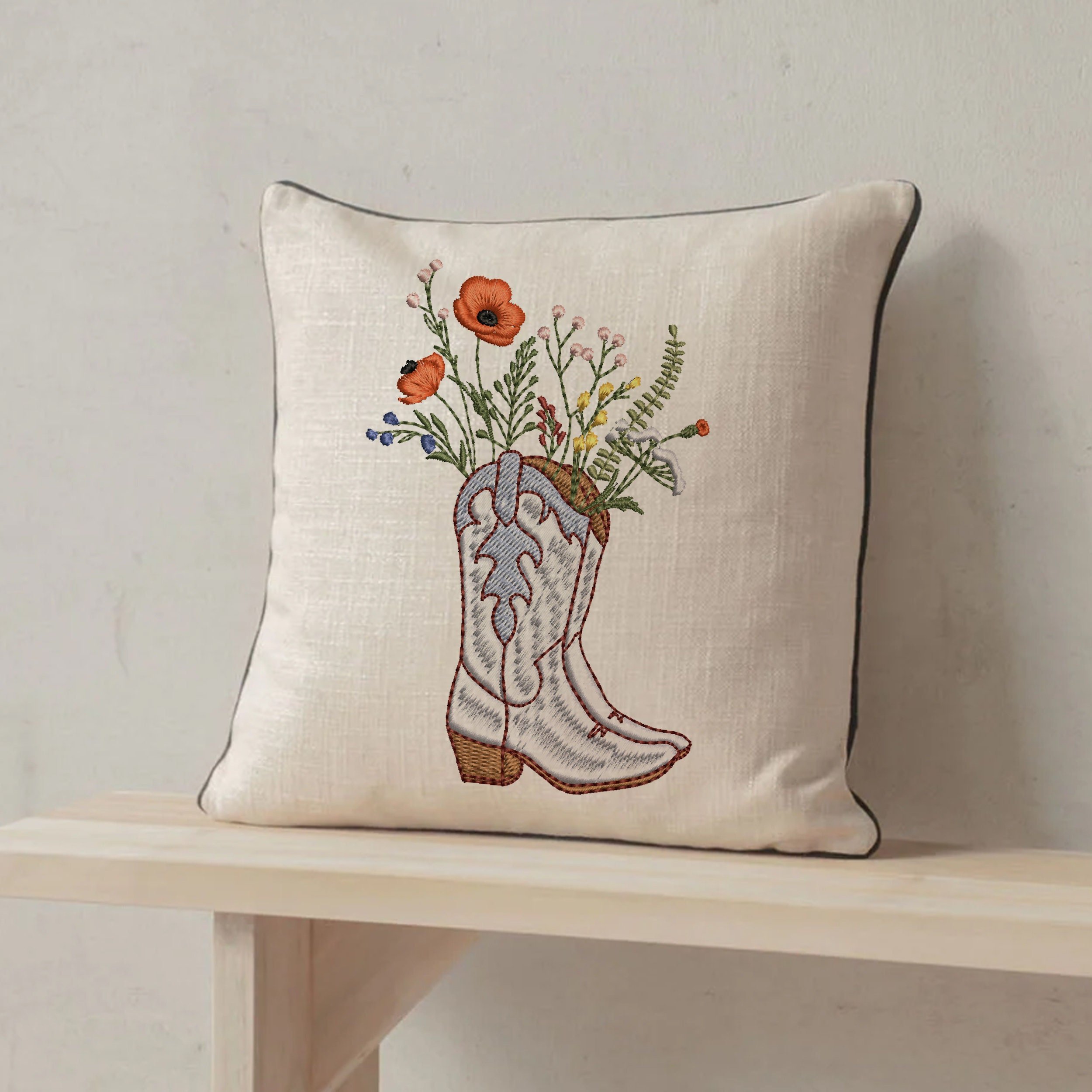 Cowgirl Wildflower Boots Machine Embroidery Design embroidered on Western style pillow