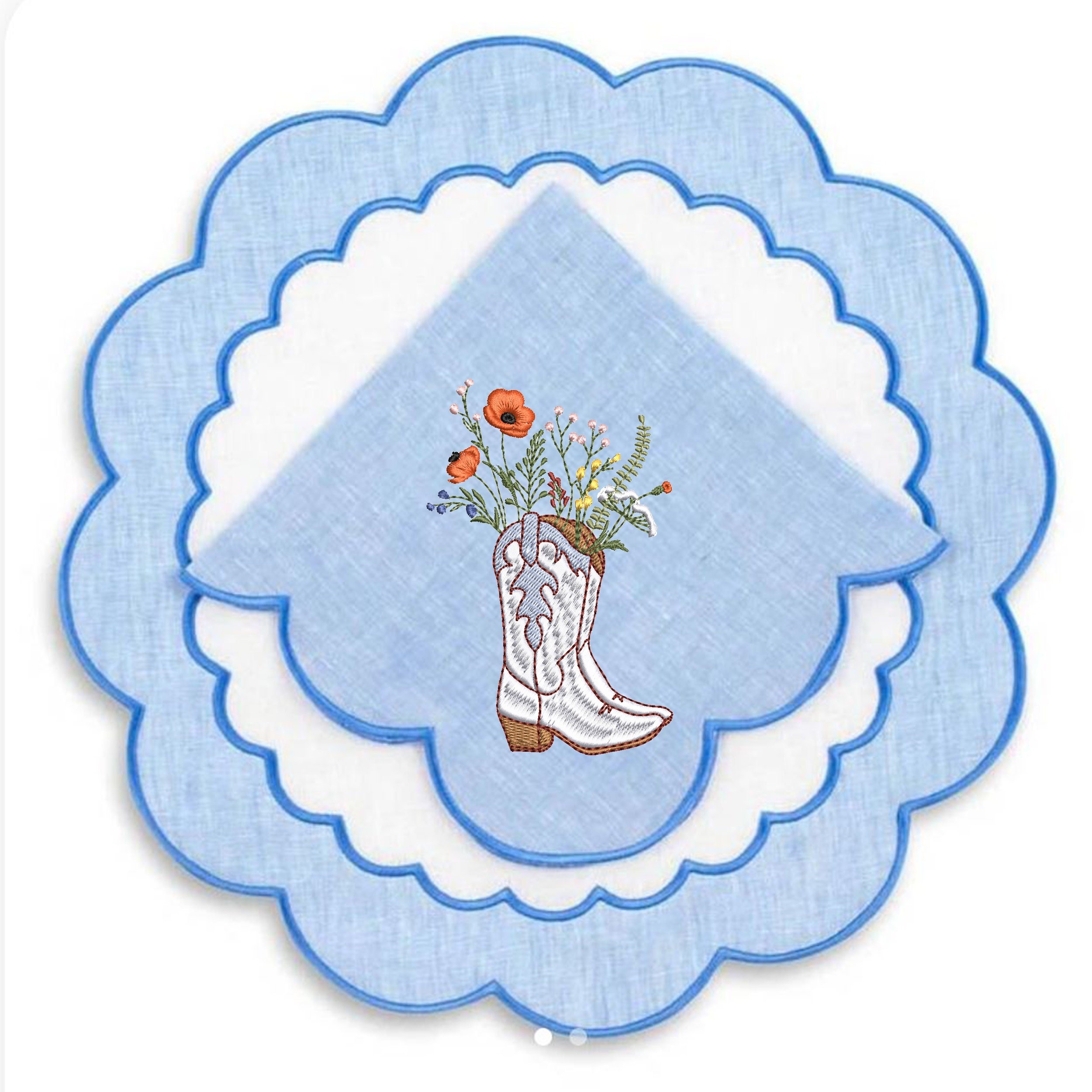 Cowgirl Wildflower Boots Machine Embroidery Design embroidered on a scallop edge napkin