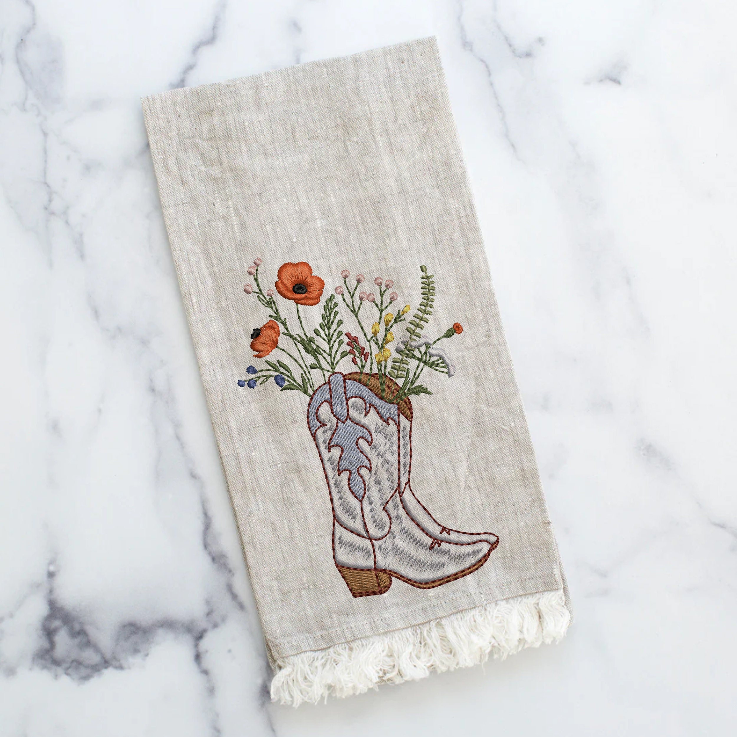 Cowgirl Wildflower Boots Machine Embroidery Design embroidered on a linen towel