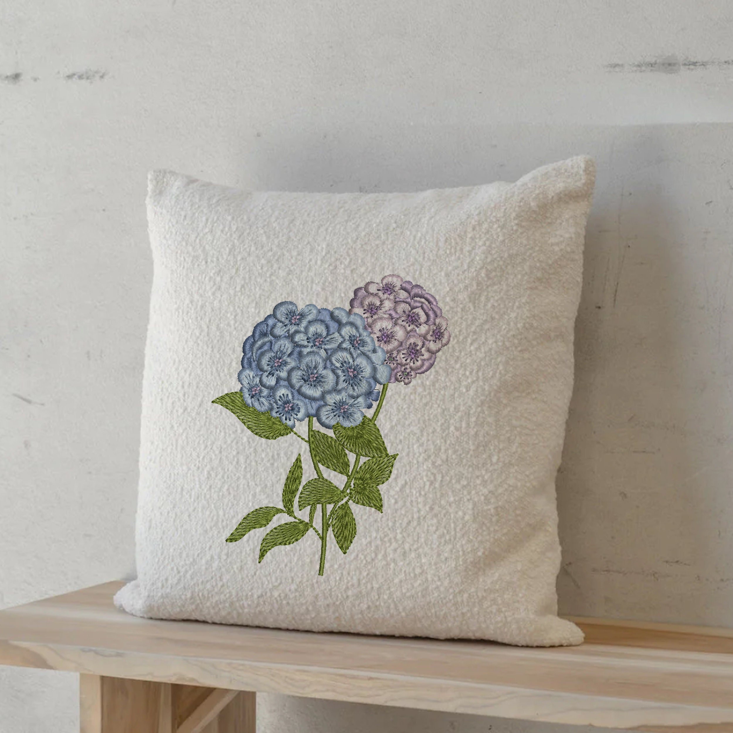 Mini Tiny Hydrangea Flower Machine Embroidery Design embroidered on a pillow
