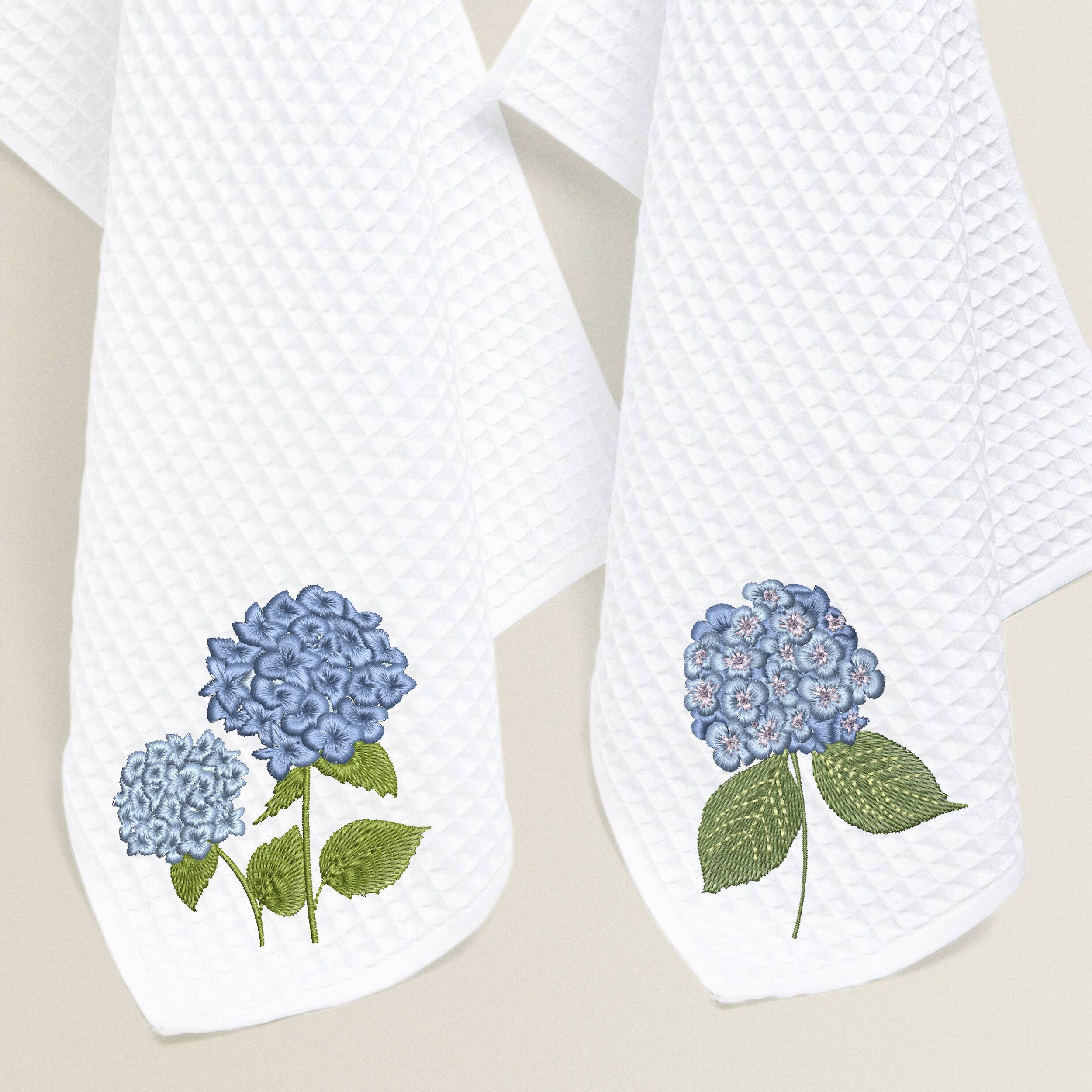 Mini Tiny Hydrangea Flower Machine Embroidery Design embroidered on a tea towel