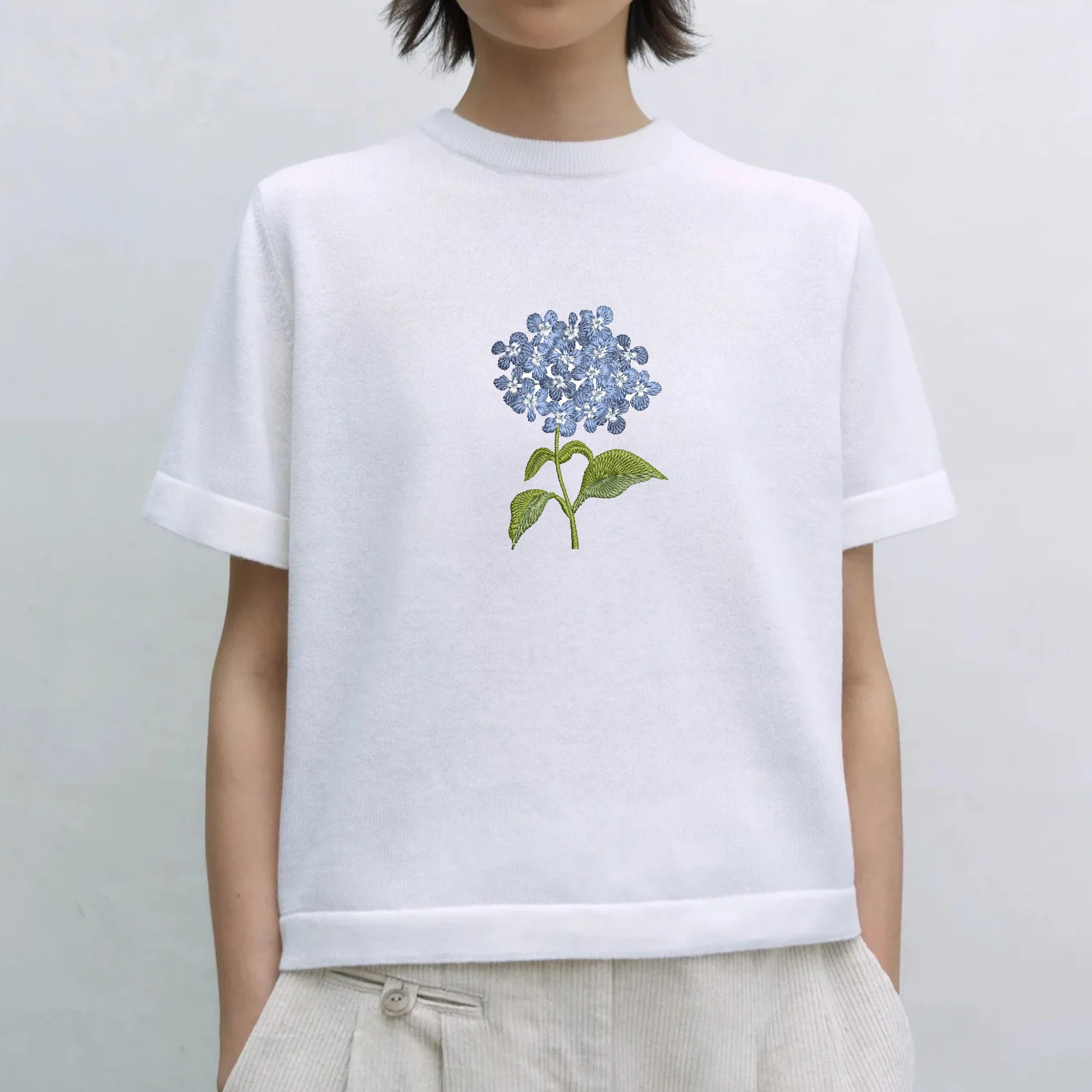 Mini Tiny Hydrangea Flower Machine Embroidery Design embroidered on a t-shirt