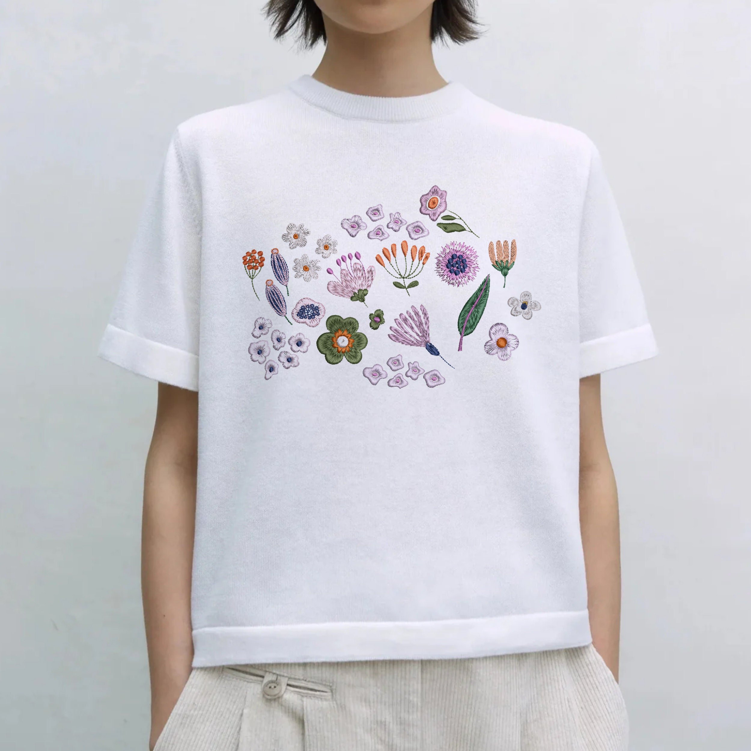50 Mini Tiny Small Unique Flower Bundle Machine Embroidery Design embroidered on a t-shirt