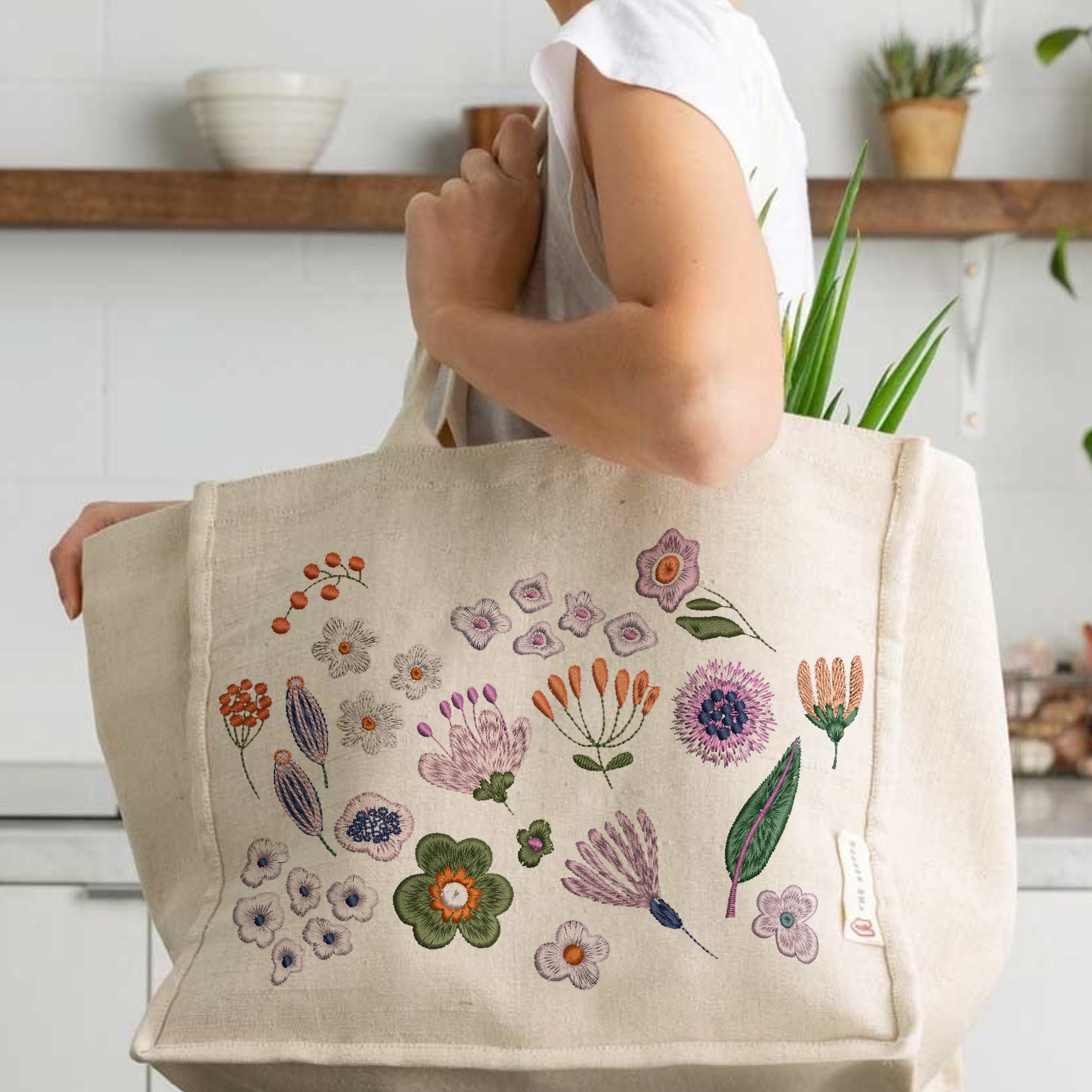 50 Mini Tiny Small Unique Flower Bundle Machine Embroidery Design embroidered on a handbag