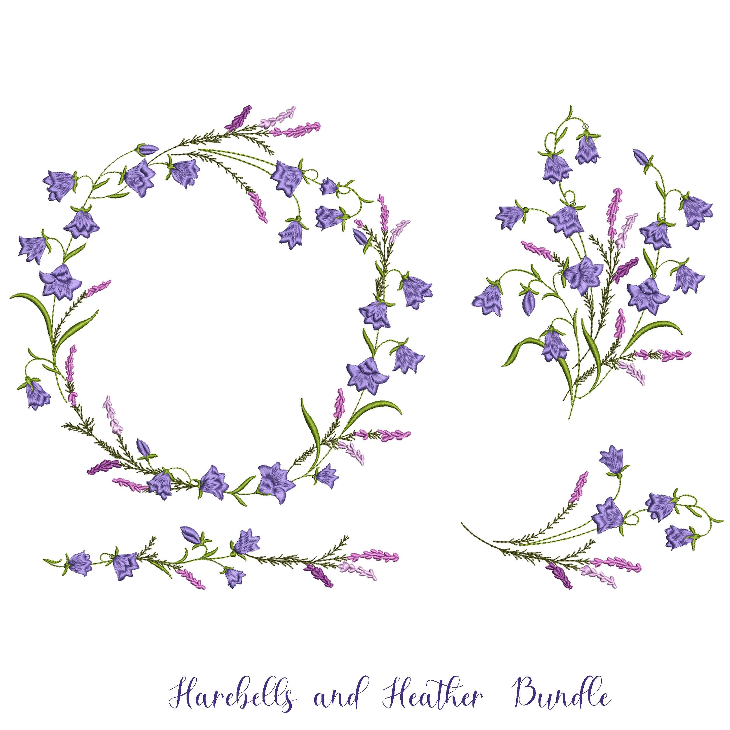 Harebells and Heather Flower Wreath, Border and Branch Machine Embroidery Design file
