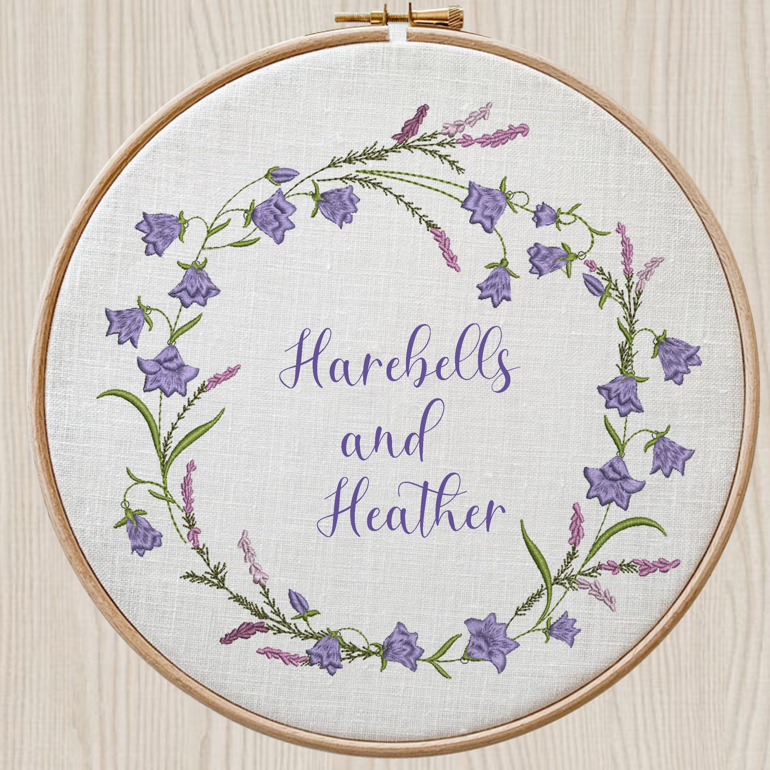 Harebells and Heather Flower Wreath, Border and Branch Machine Embroidery Design file embroidered on a hoop