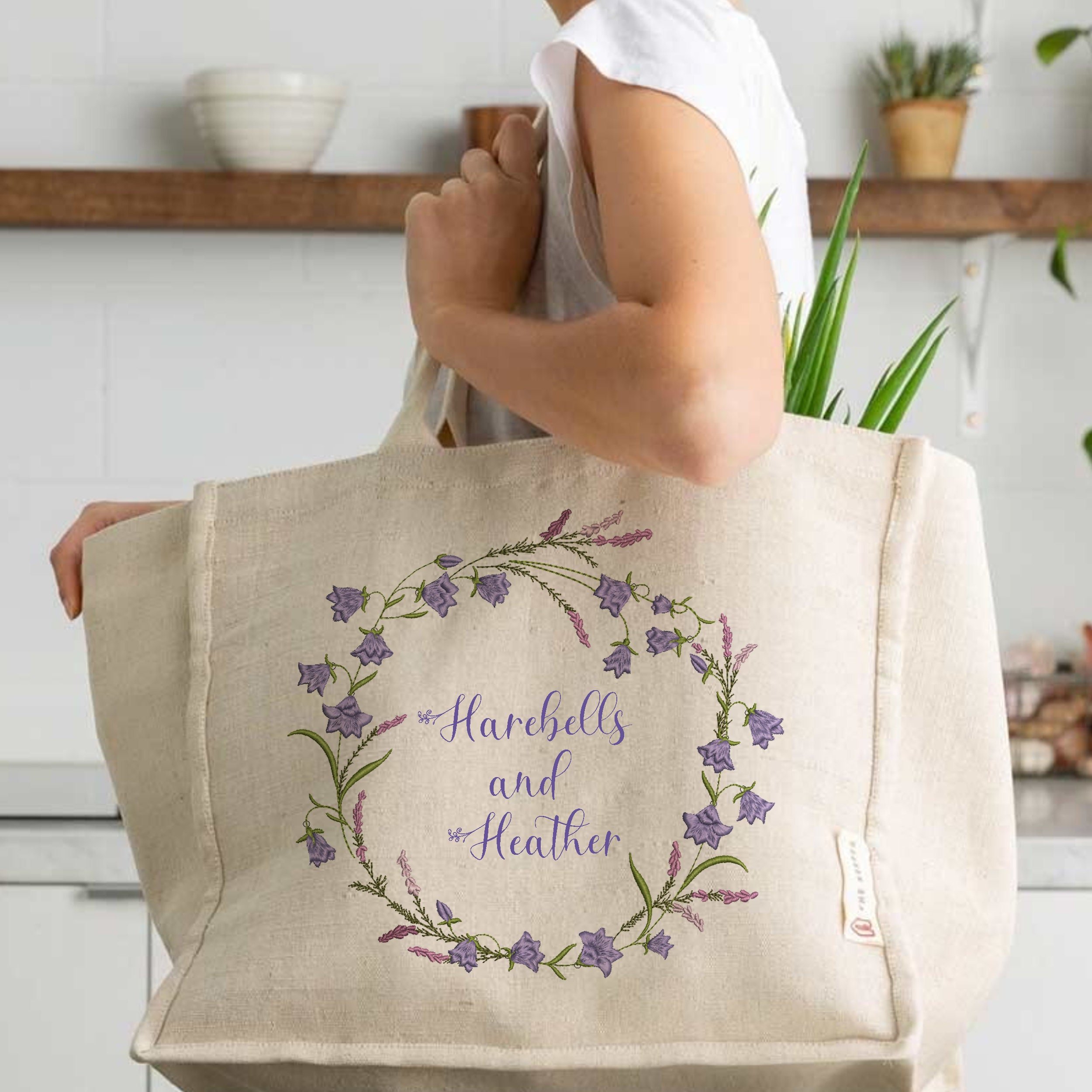 Harebells and Heather Flower Wreath, Border and Branch Machine Embroidery Design file embroidered on a handbag