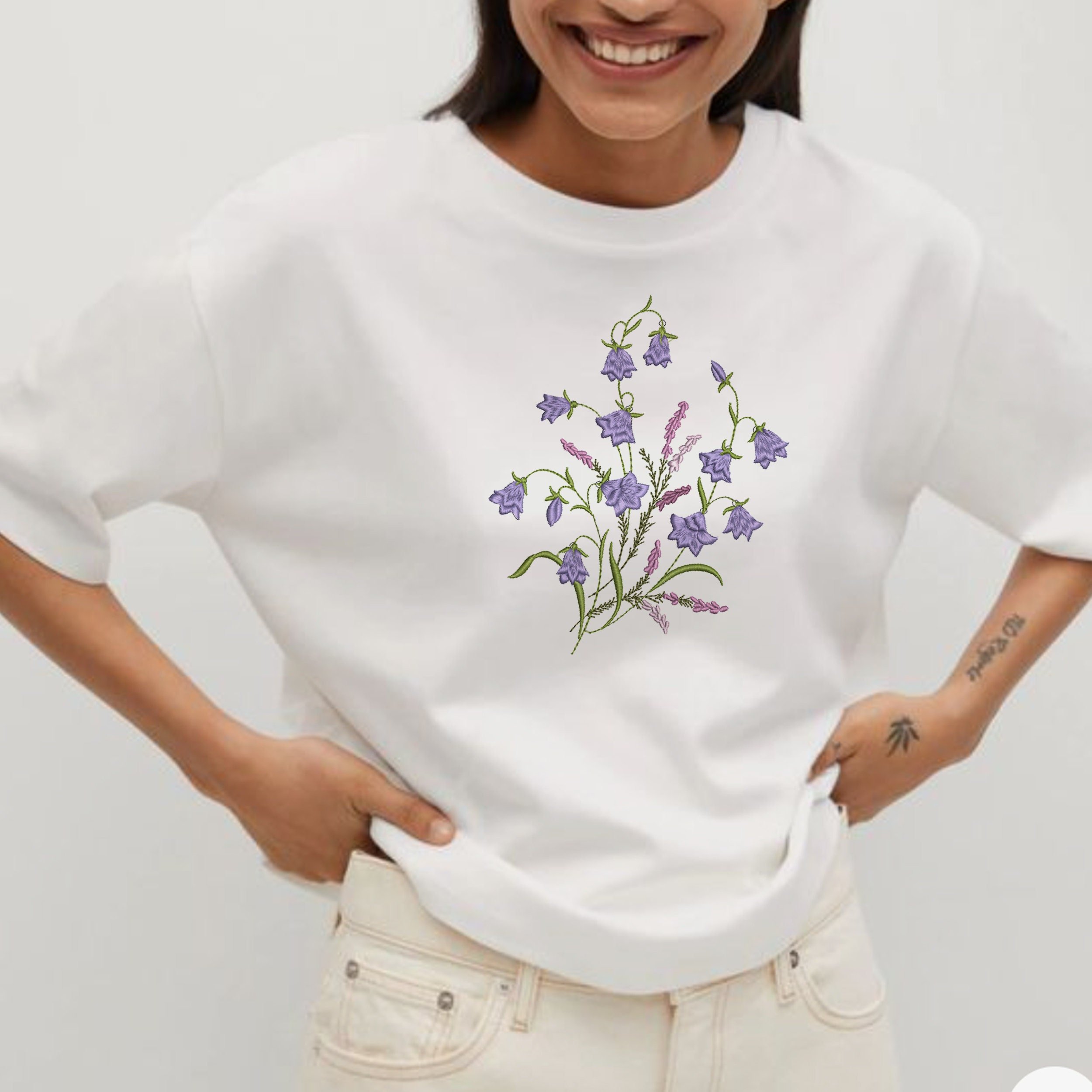 Harebells and Heather Flower Wreath, Border and Branch Machine Embroidery Design file embroidered on a t-shirt