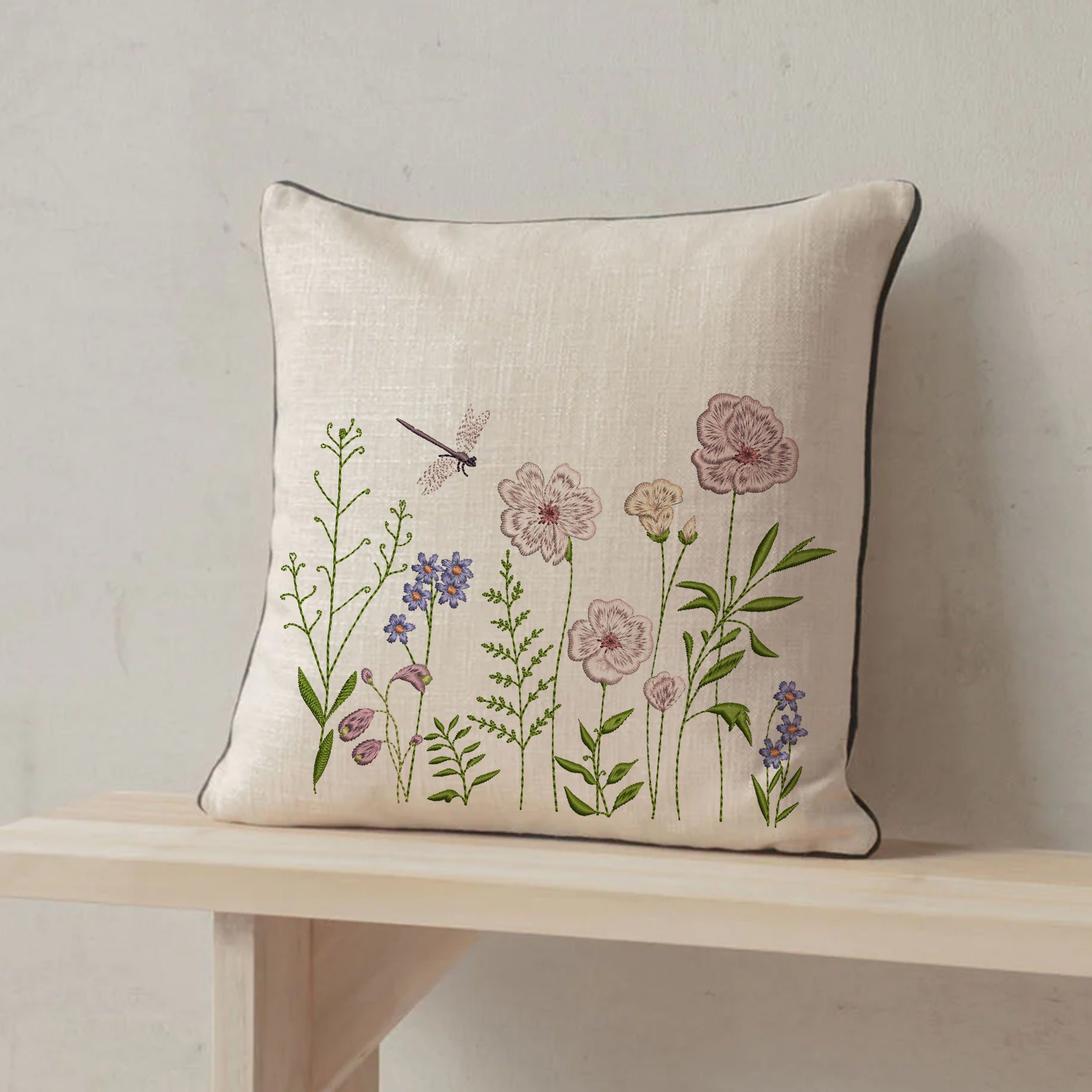 Summer Day Flower Machine Embroidery Design File embroidered on a pillow