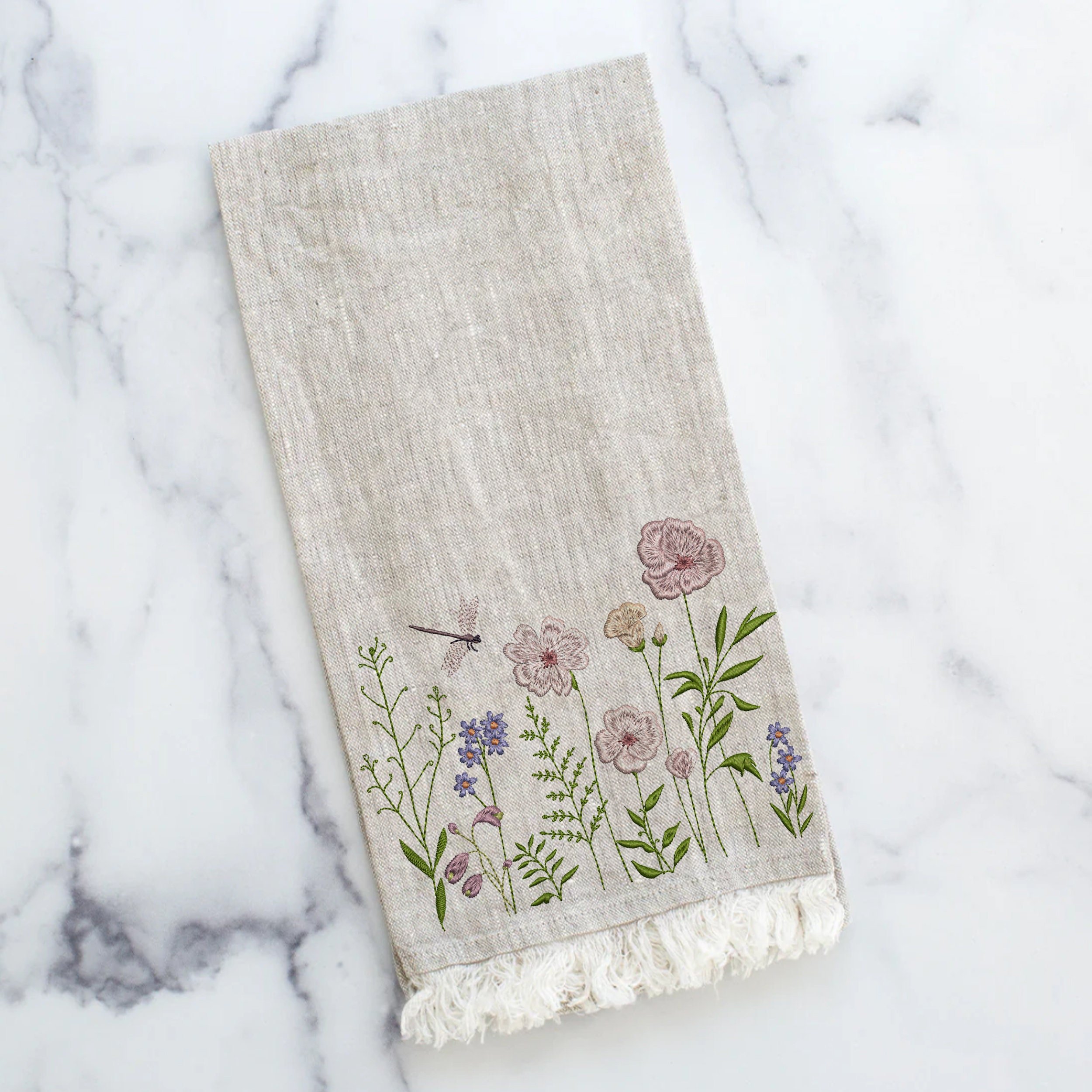 Summer Day Flower Machine Embroidery Design File embroidered on a kitchen towel