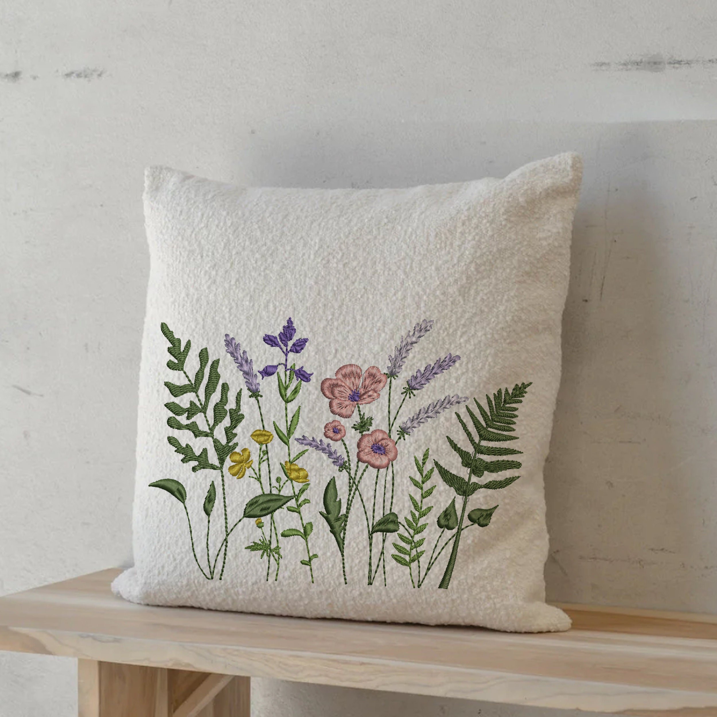 Lavender, Poppy and Fern Meadow Machine Embroidery Design embroidered on pillow