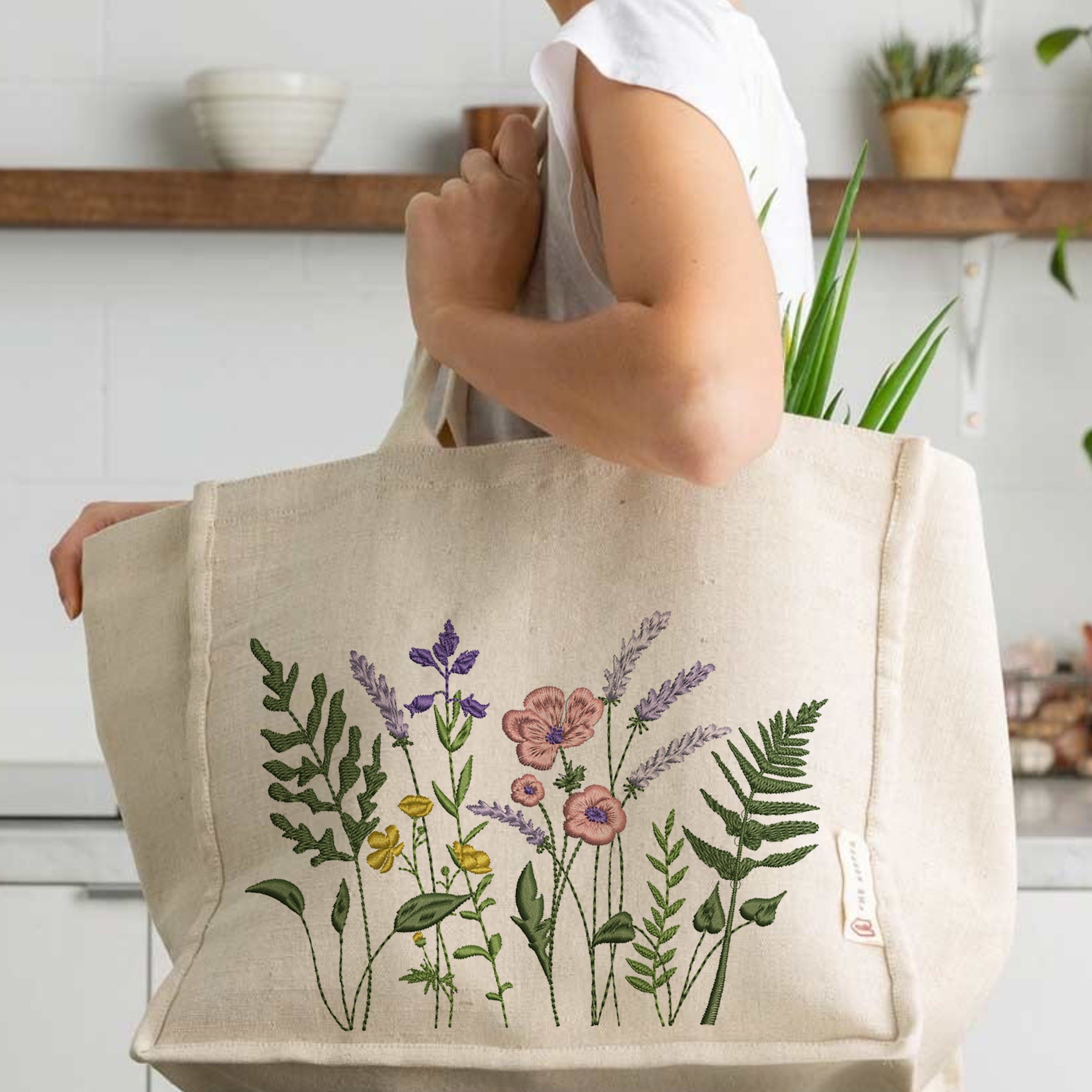 Lavender, Poppy and Fern Meadow Machine Embroidery Design embroidered on a handbag