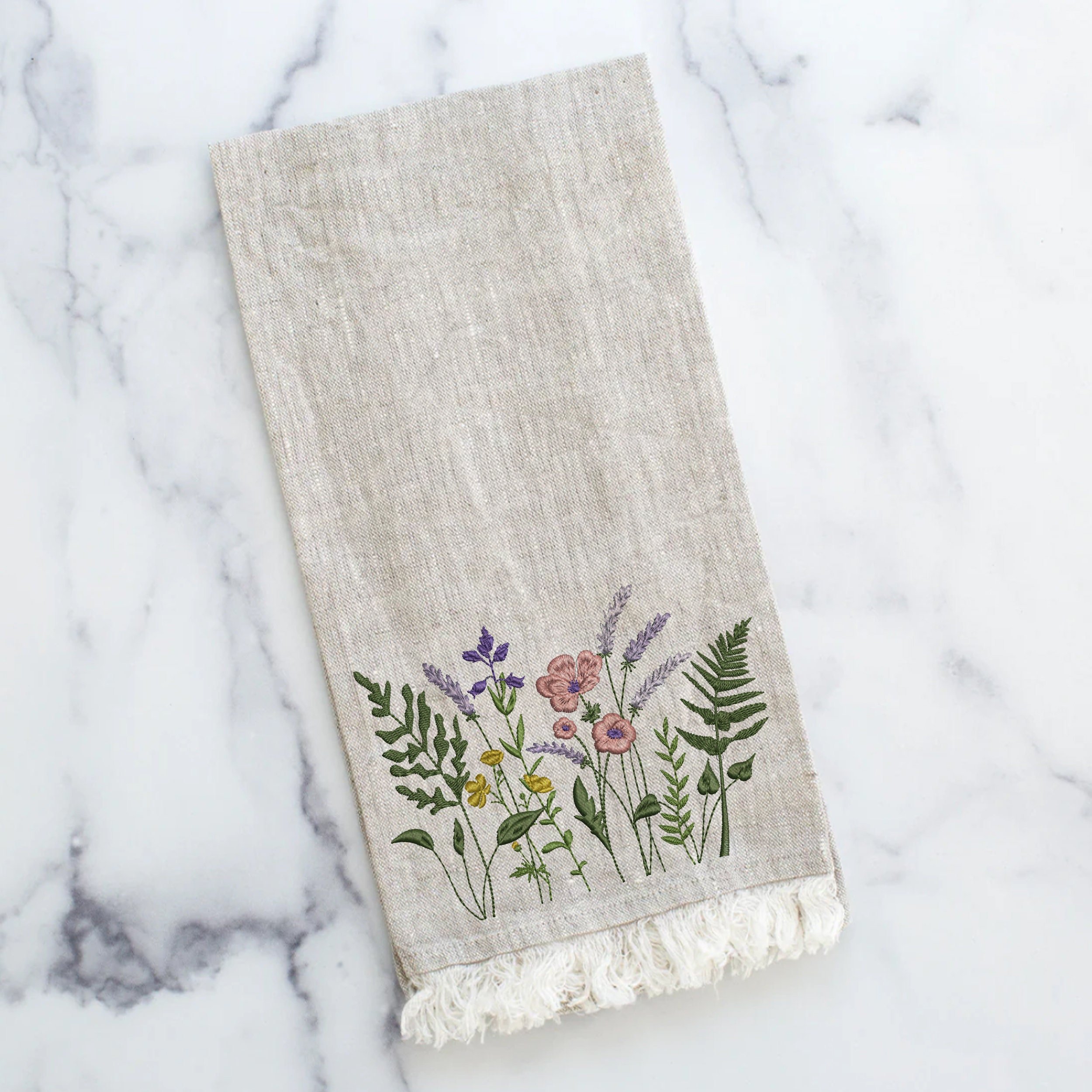 Lavender, Poppy and Fern Meadow Machine Embroidery Design embroidered on a towel
