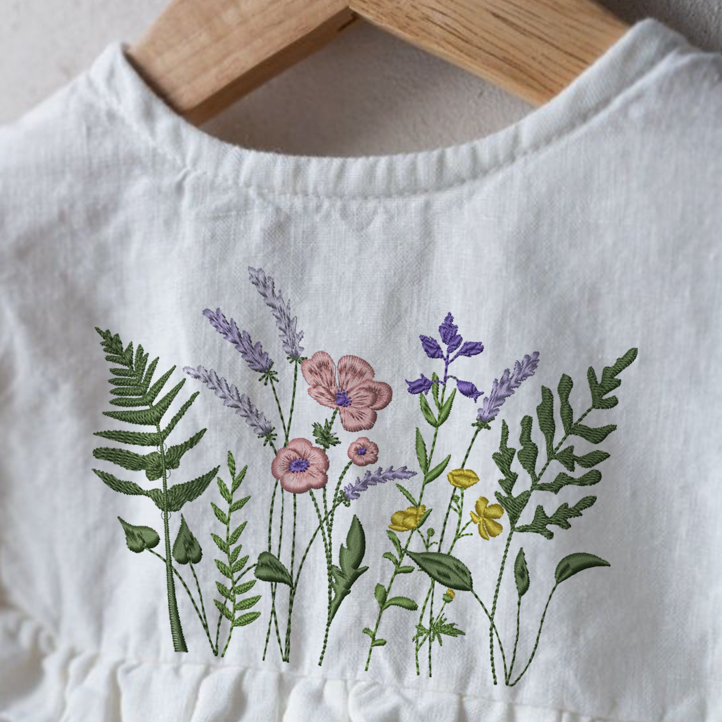 Lavender, Poppy and Fern Meadow Machine Embroidery Design embroidered on a blouse