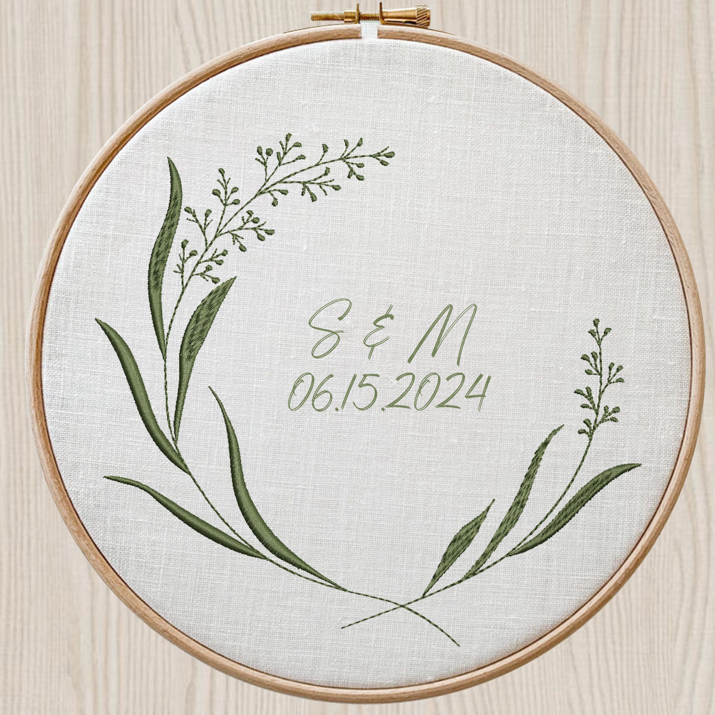 Summer Grass Wreath and Border Machine Embroidery Design Bundle Digital File embroidered on a hoop
