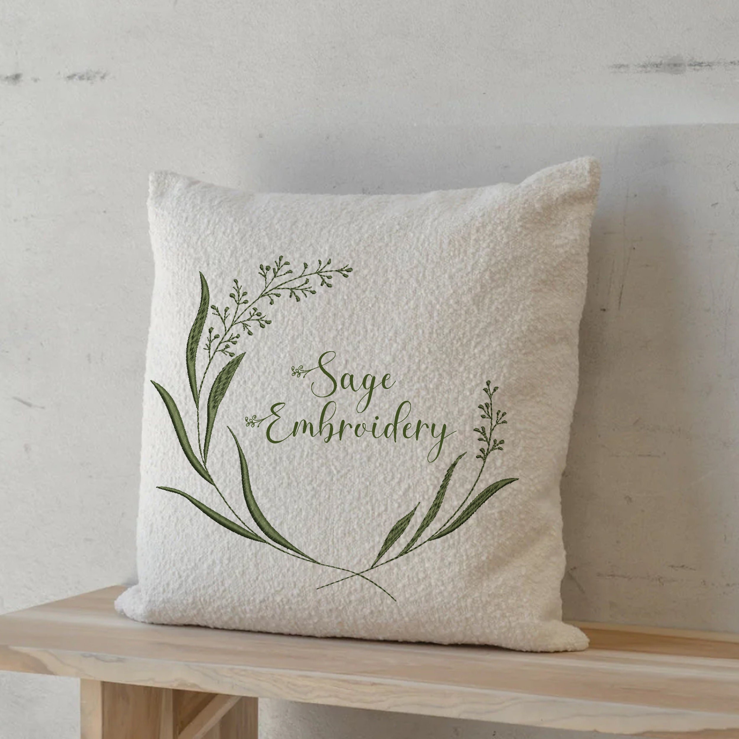 Summer Grass Wreath and Border Machine Embroidery Design Bundle Digital File embroidered on a pillow
