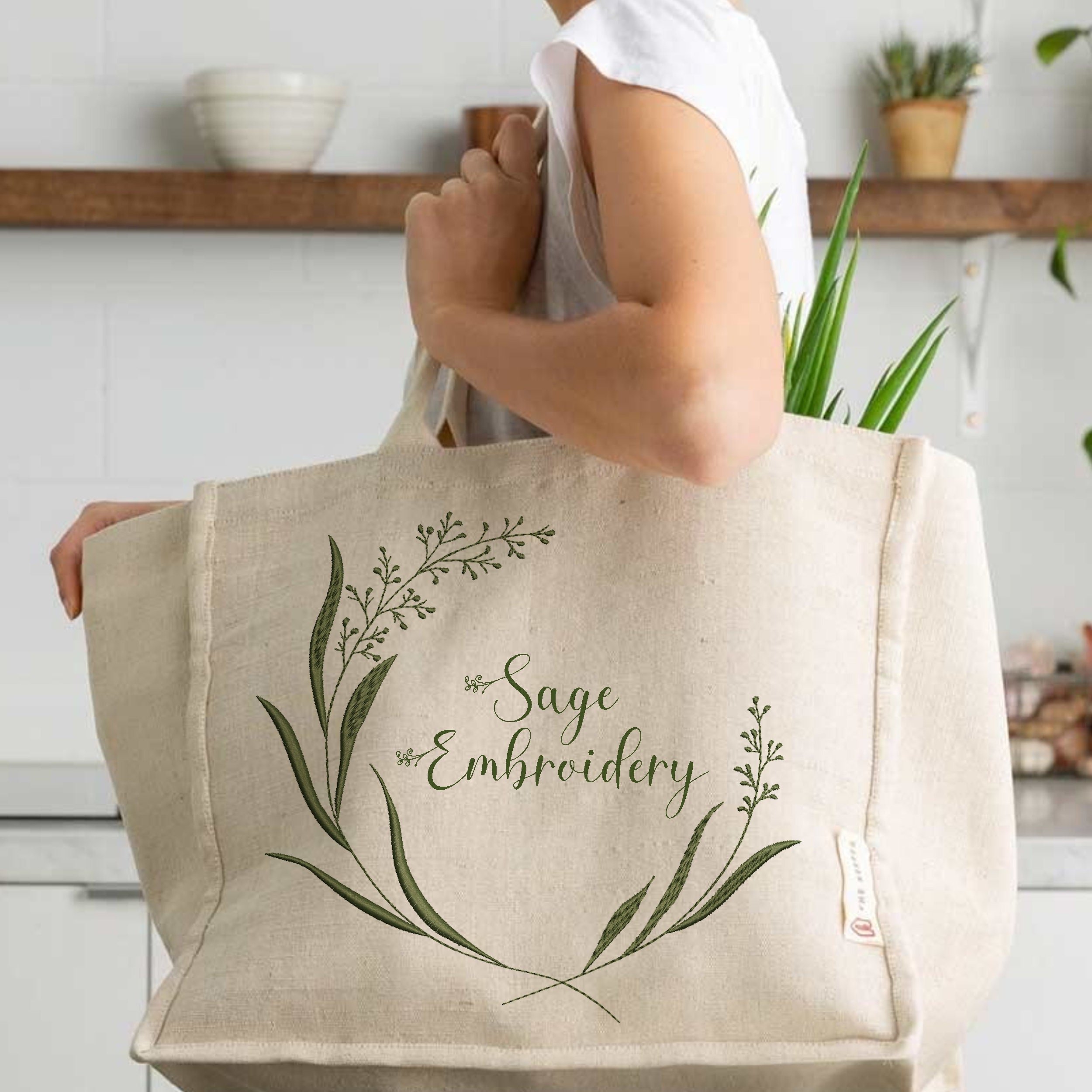 Summer Grass Wreath and Border Machine Embroidery Design Bundle Digital File embroidered on a handbag