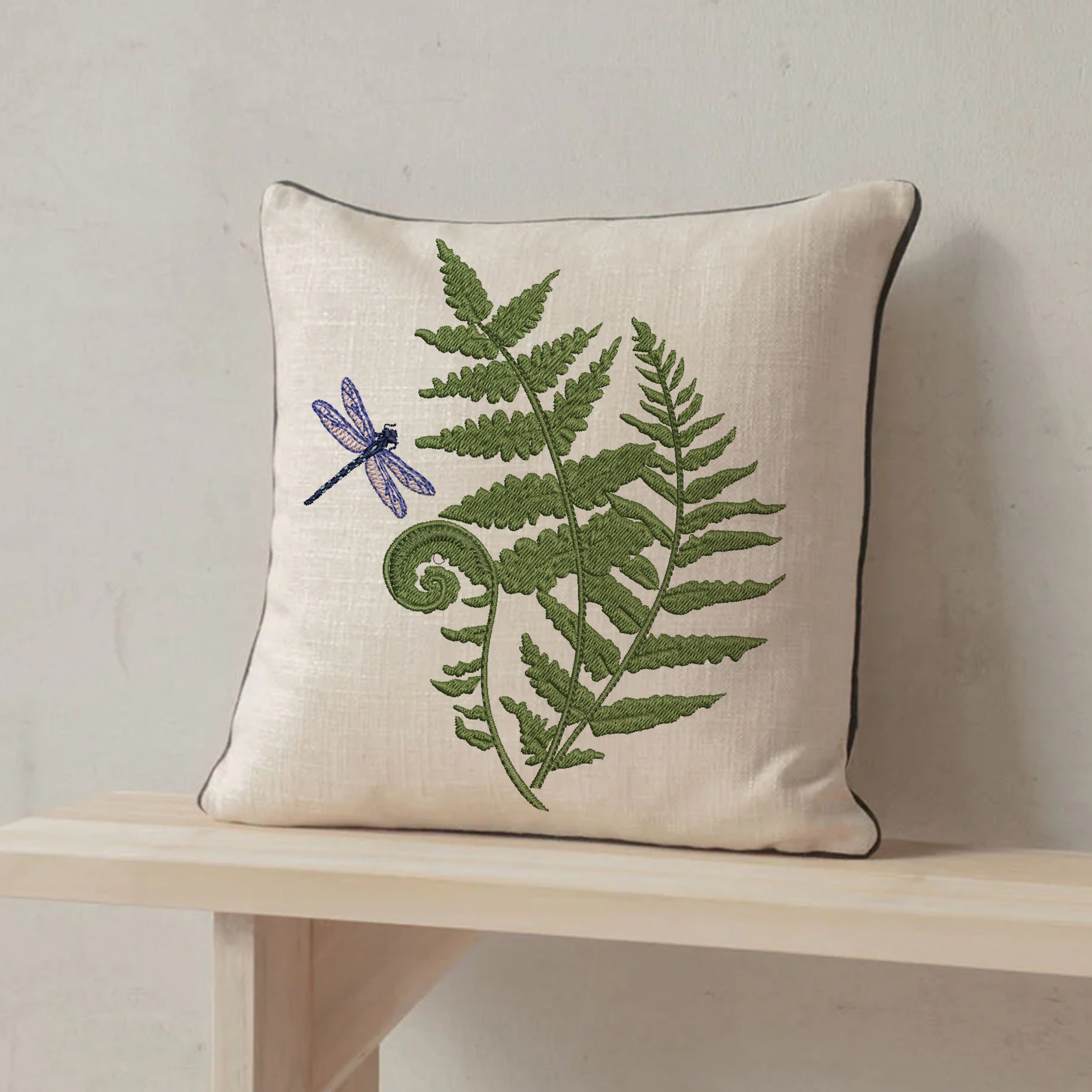 Woodland Fern and Flower Machine Embroidery Design embroidered on a square pillow