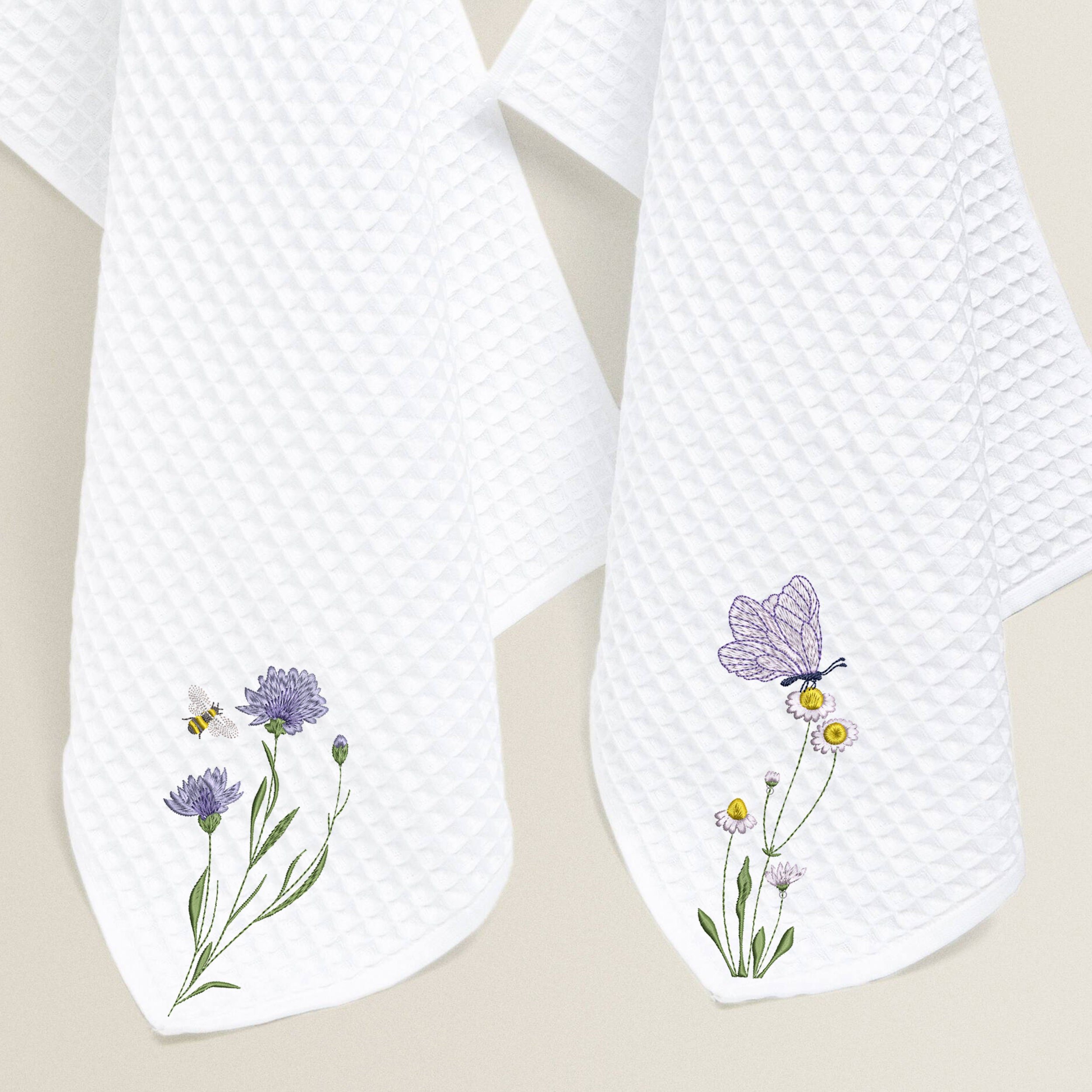 Woodland Fern and Flower Machine Embroidery Design embroidered on tea towels