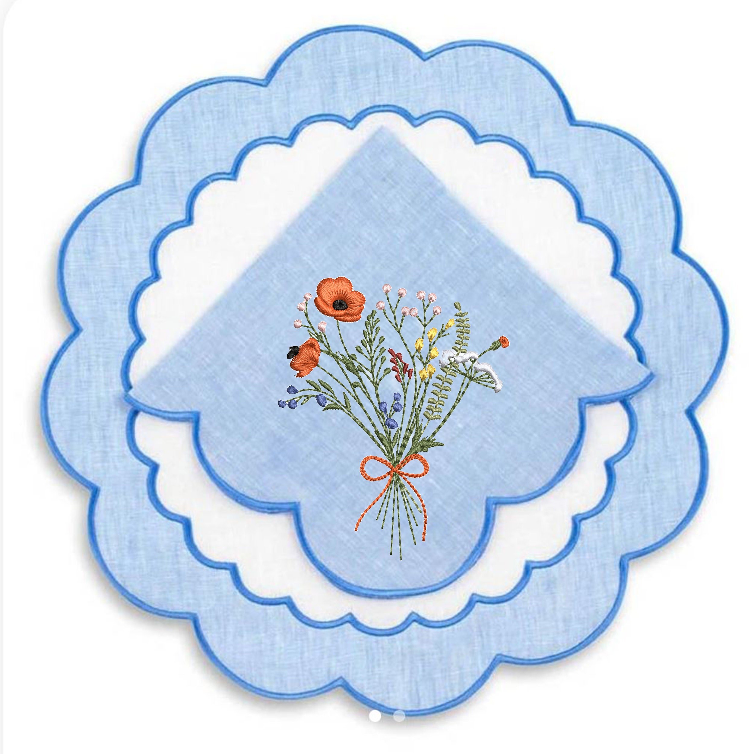 Cowgirl Poppy Wildflower Meadow Bouquet Machine Embroidery Design embroidered on cocktail napkin