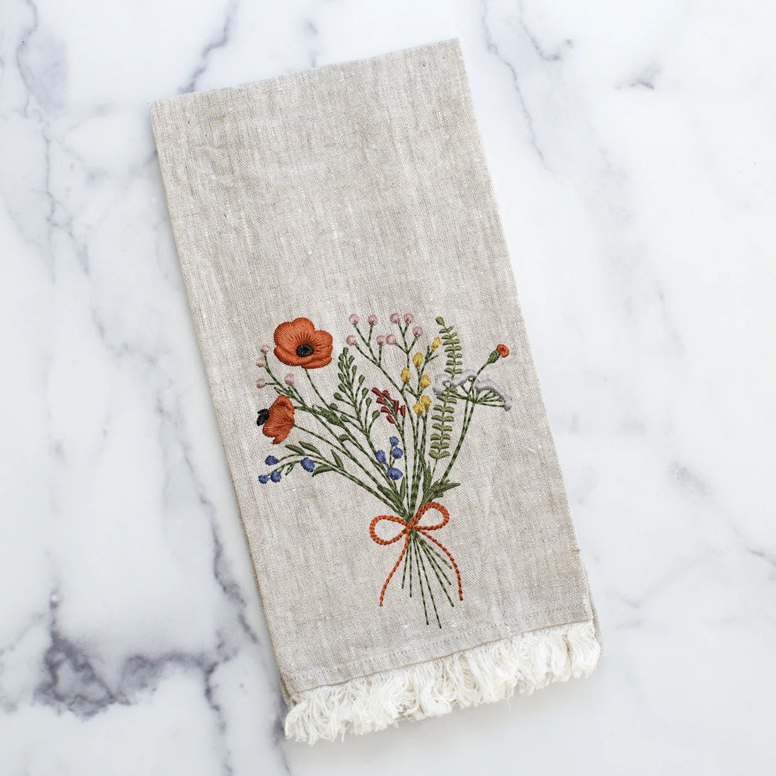 Cowgirl Poppy Wildflower Meadow Bouquet Machine Embroidery Design embroidered on towel