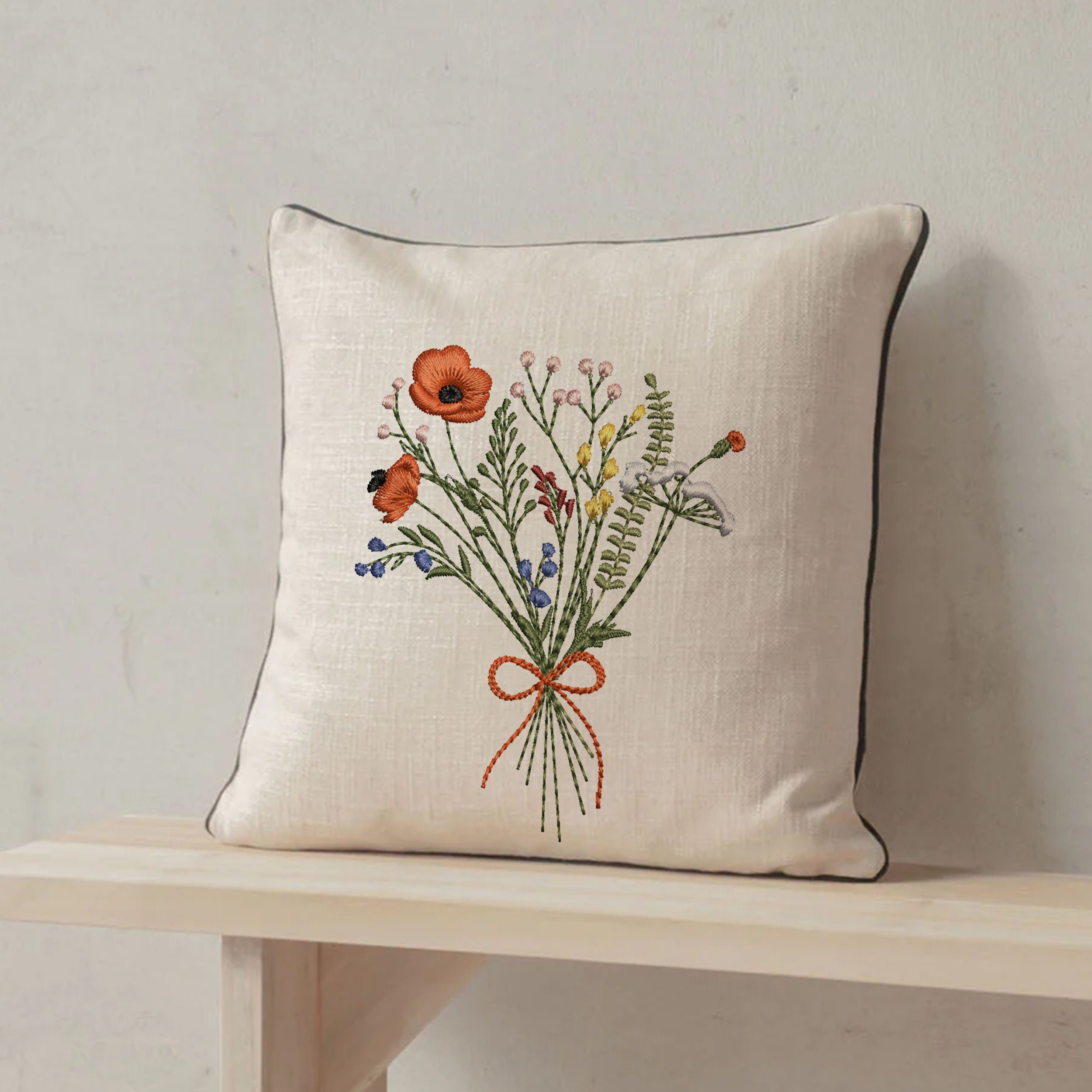 Cowgirl Poppy Wildflower Meadow Bouquet Machine Embroidery Design embroidered on pillow