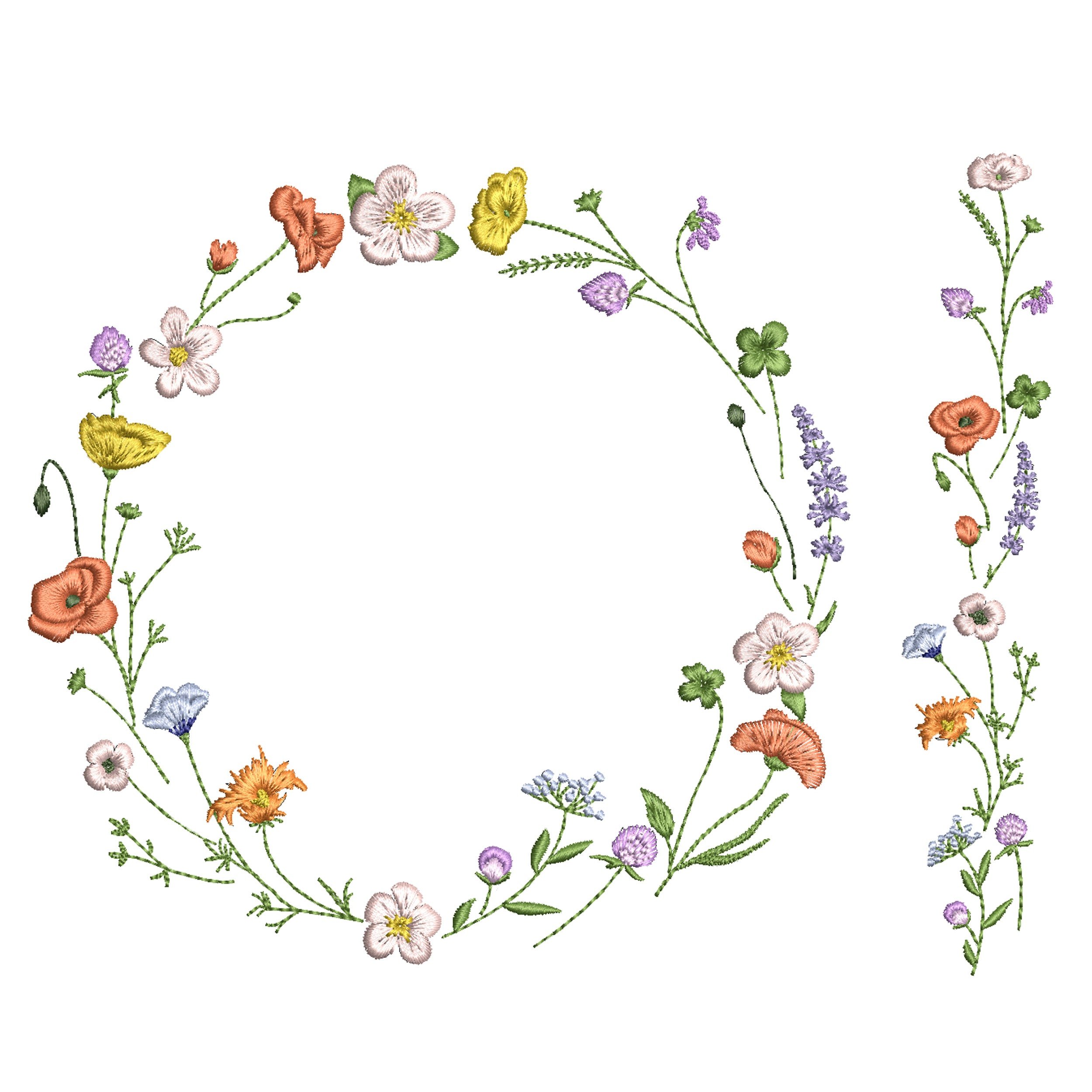Sparkling Wildflower Wreath and Border Machine Embroidery Design