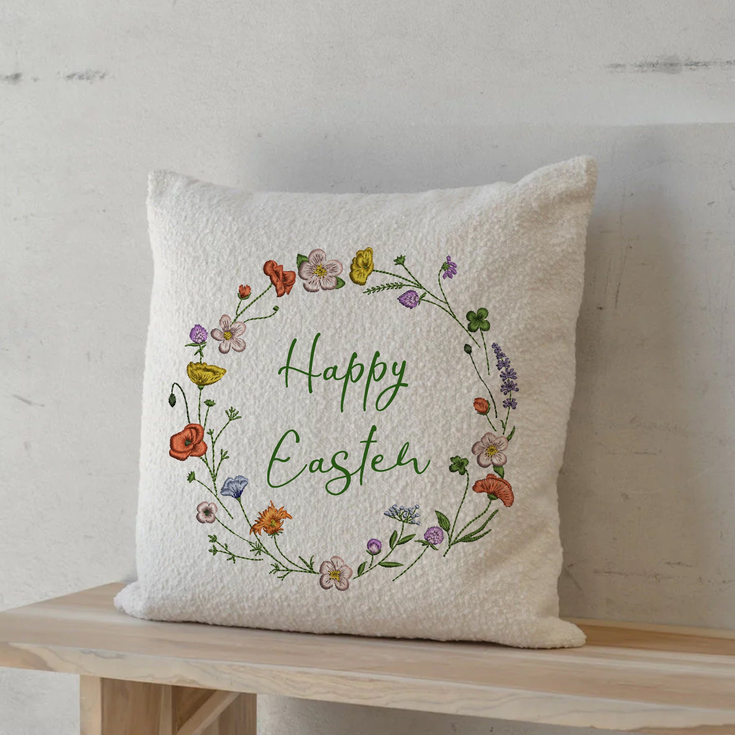 Sparkling Wildflower Wreath and Border Machine Embroidery Design embroidered on a pillow