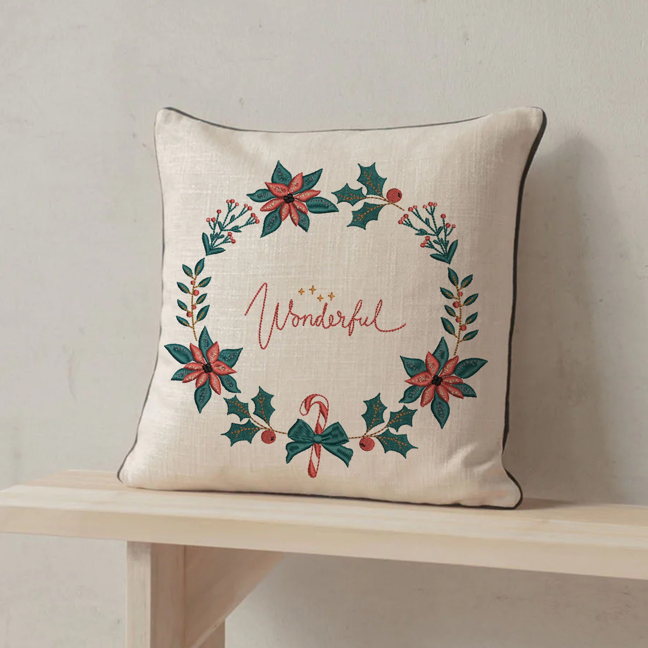 Wonderful Christmas Collection Machine Embroidery Design embroidered on a square pillow