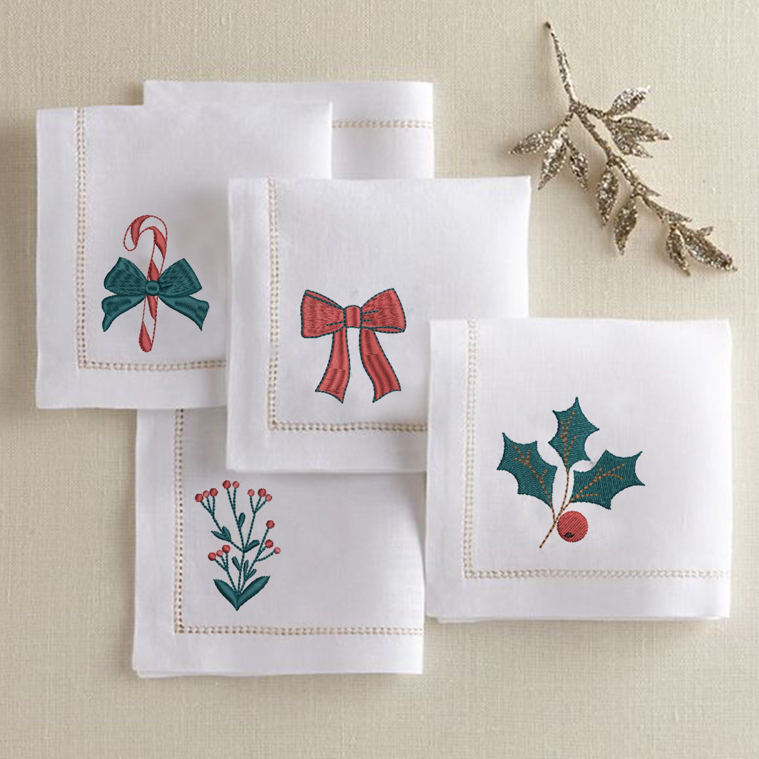 12 Wonderful Christmas Elements Machine Embroidery Design embroidered on napkins