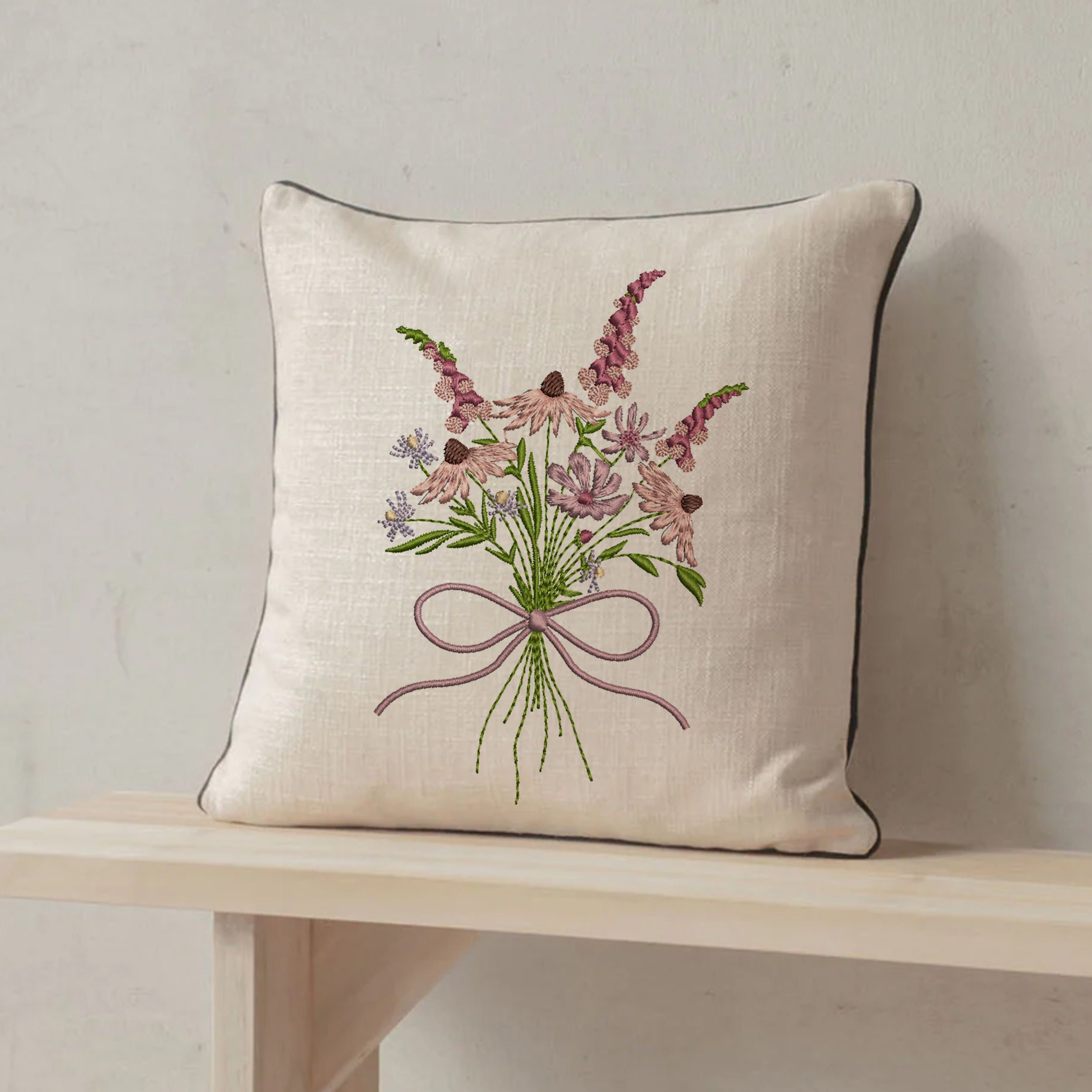 Coneflower and Foxglove Flower Bouquet Machine Embroidery Design embroidered on a pillow