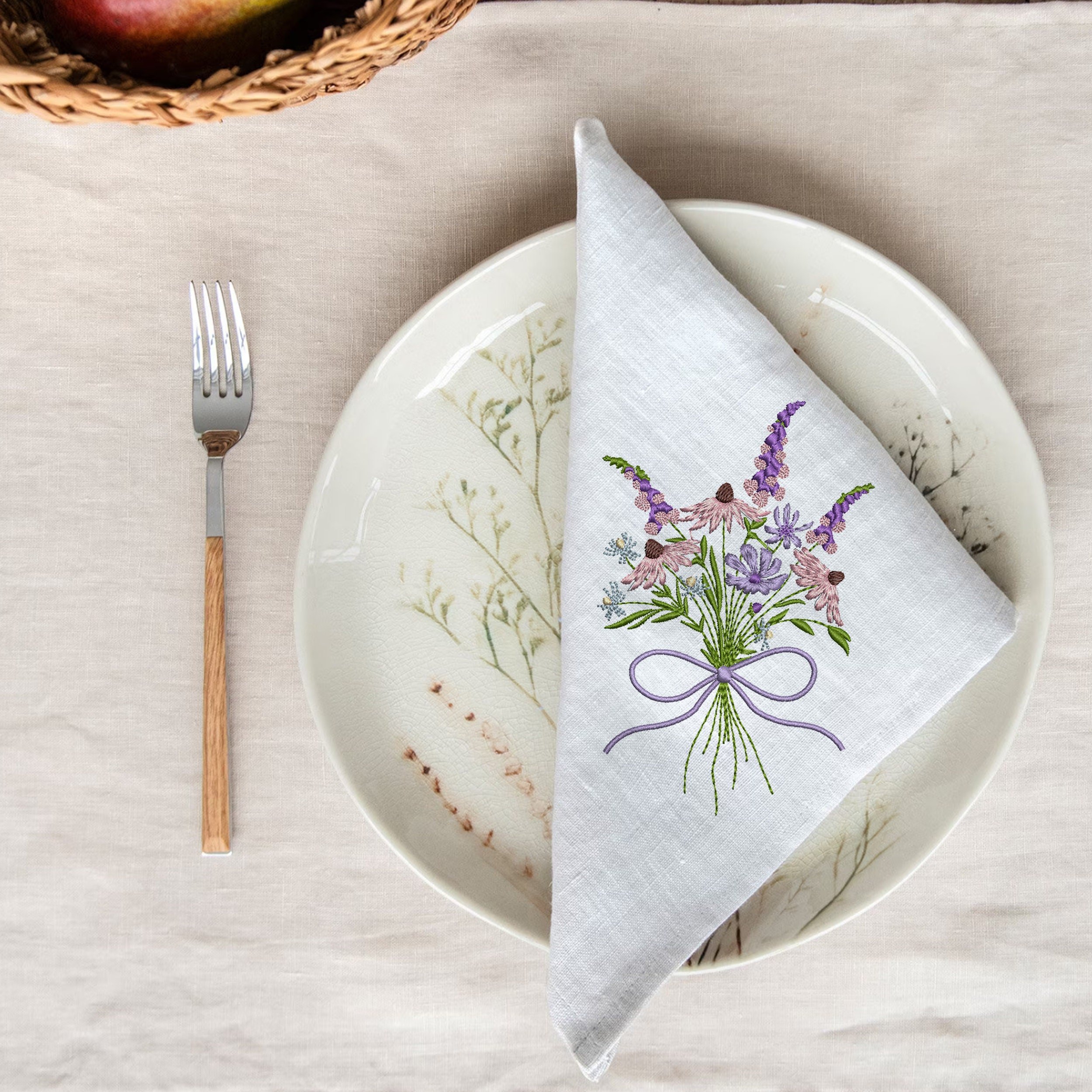 Coneflower and Foxglove Flower Bouquet Machine Embroidery Design embroidered on a napkin