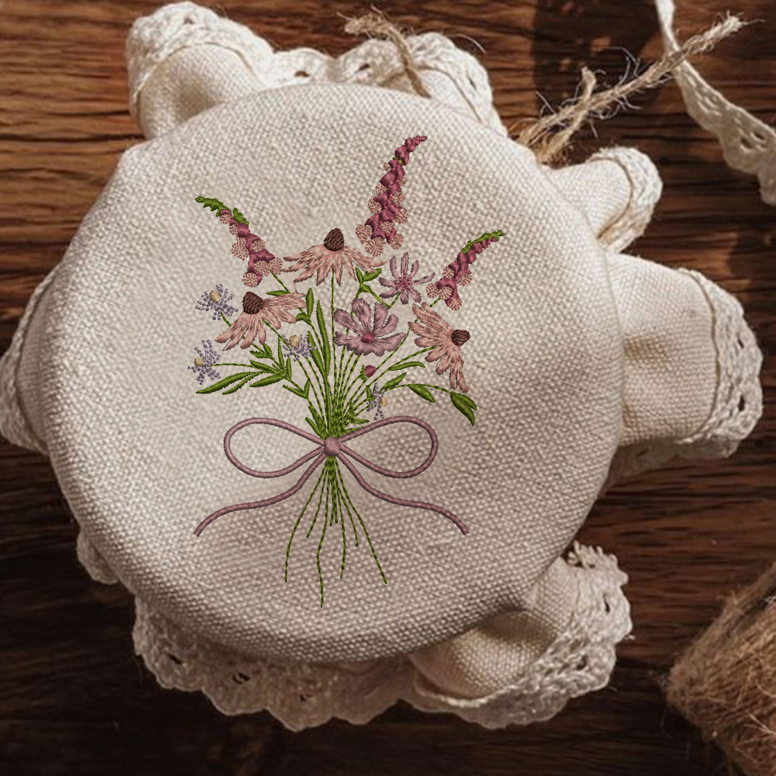 Coneflower and Foxglove Flower Bouquet Machine Embroidery Design embroidered on a jam jar cover