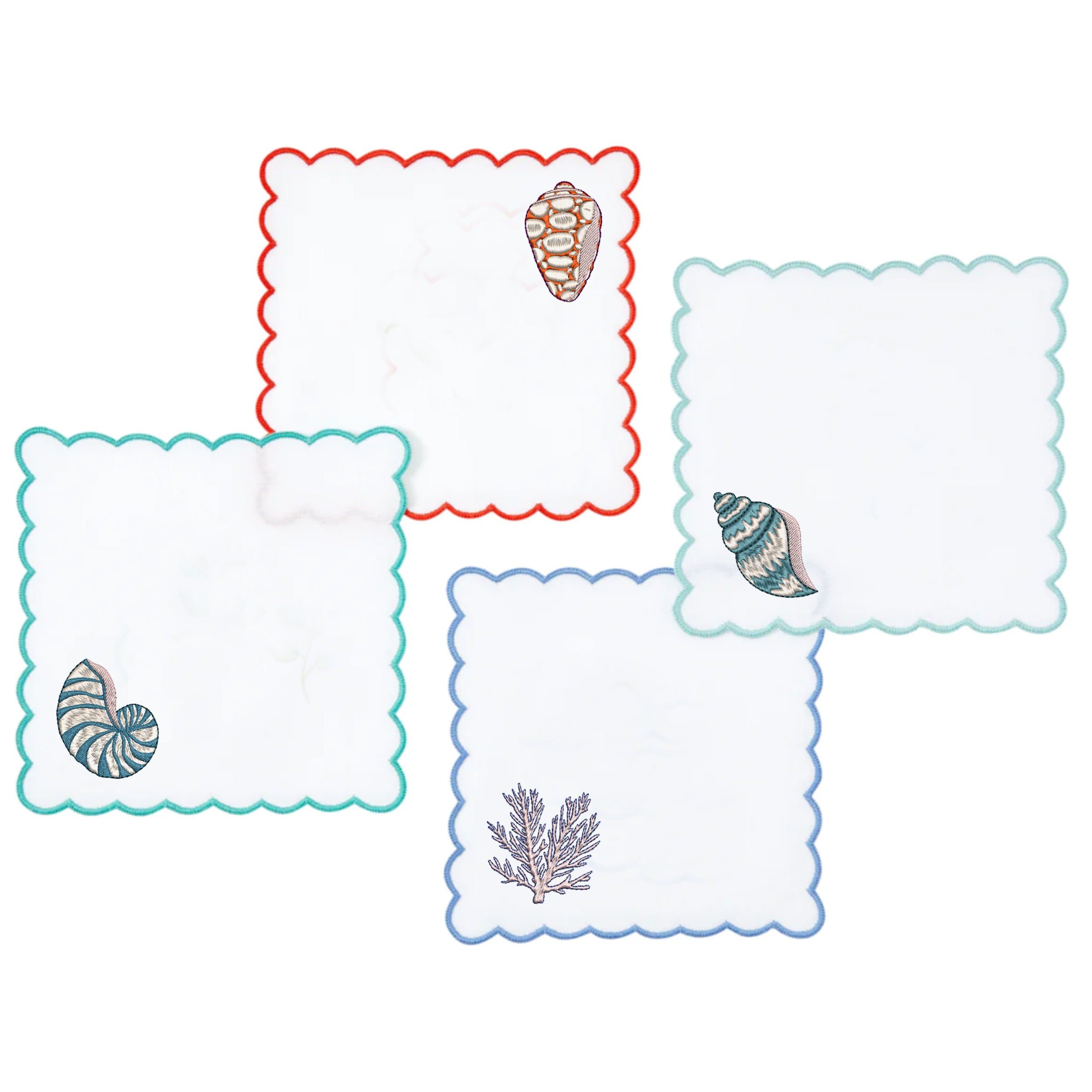 Chinoiserie Seashell Machine Embroidery Designs embroidered on napkins