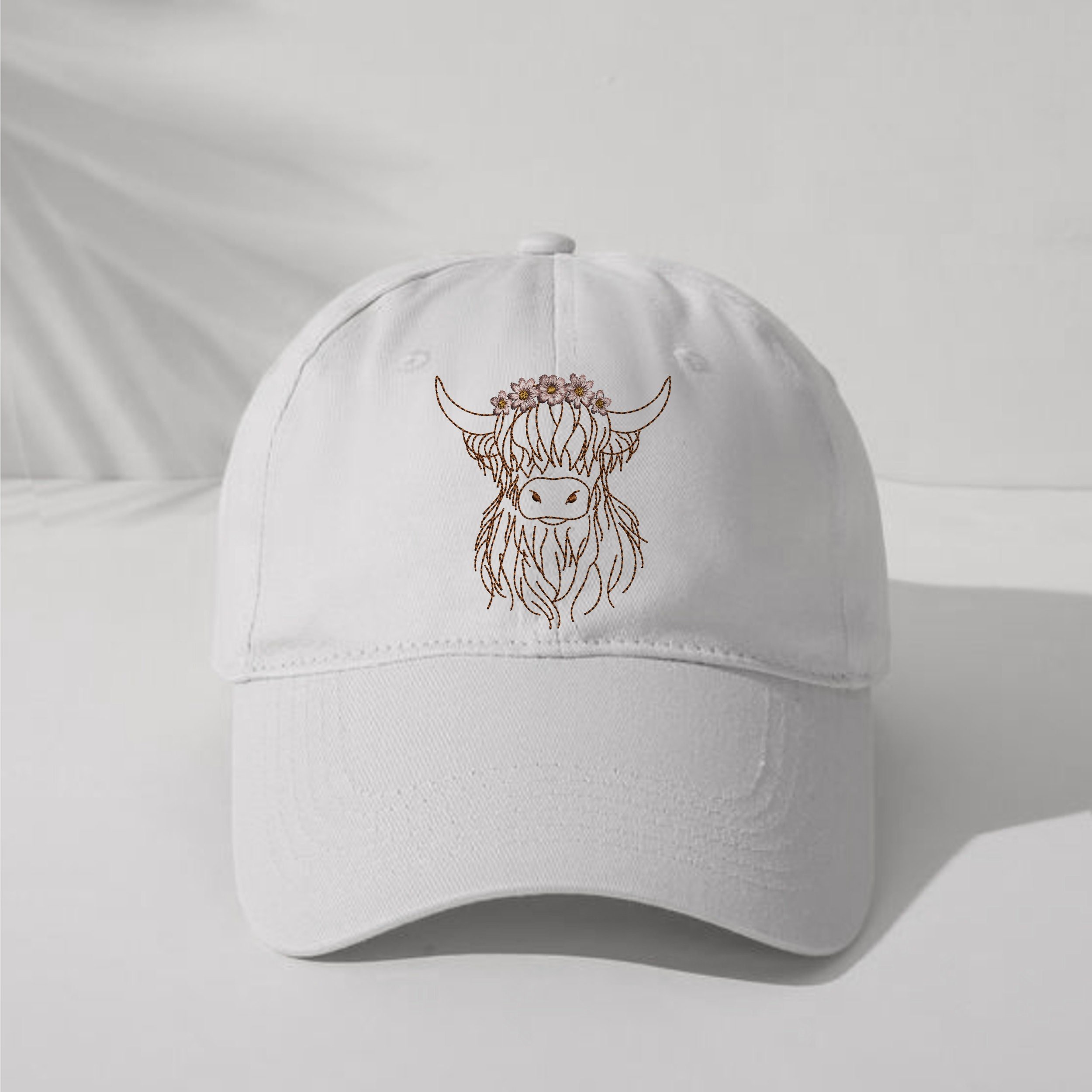 Highland Scottish Cow Machine Embroidery Design File embroidered on a baseball cap