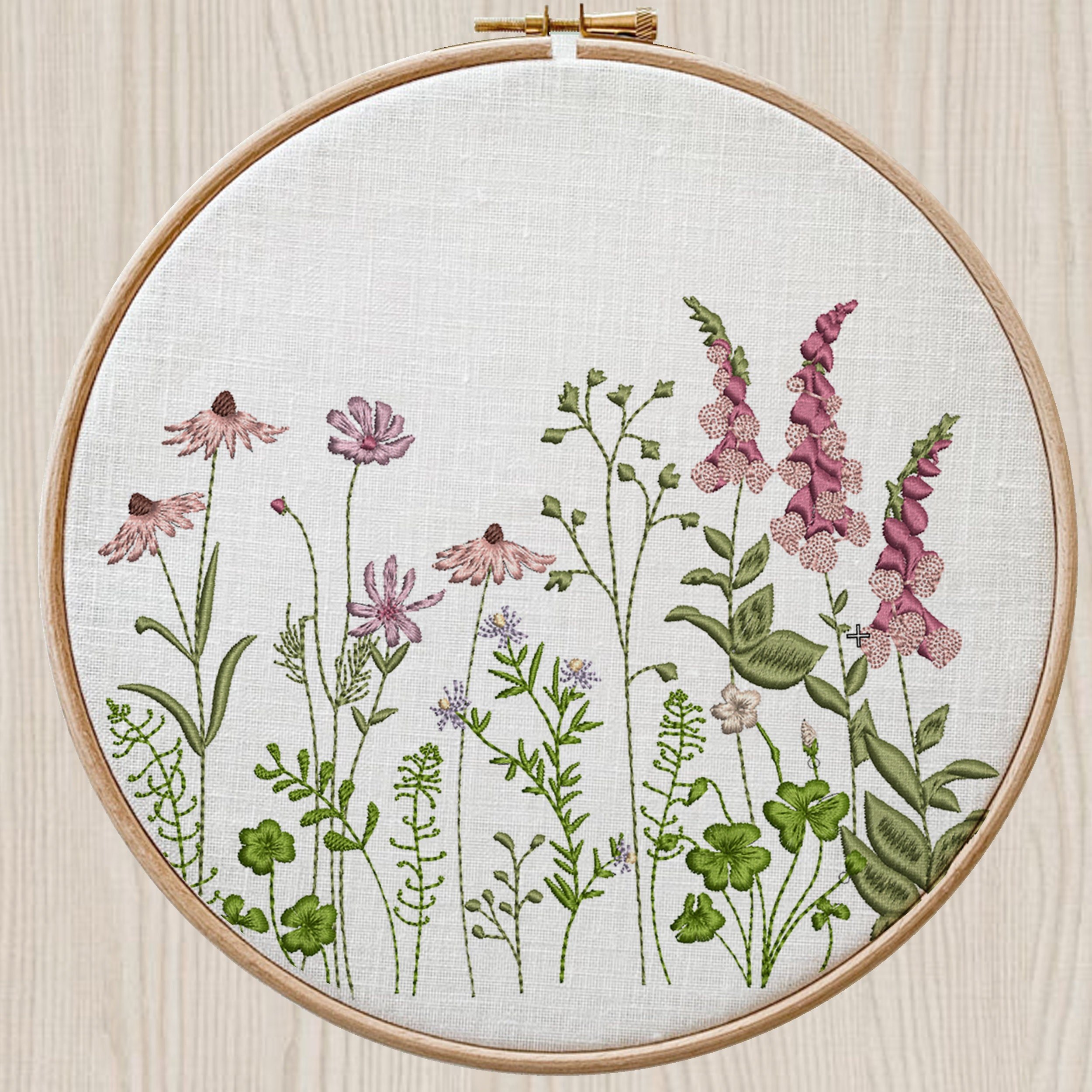 Coneflower and Foxglove Flower Garden for Machine Embroidery embroidered on a hoop