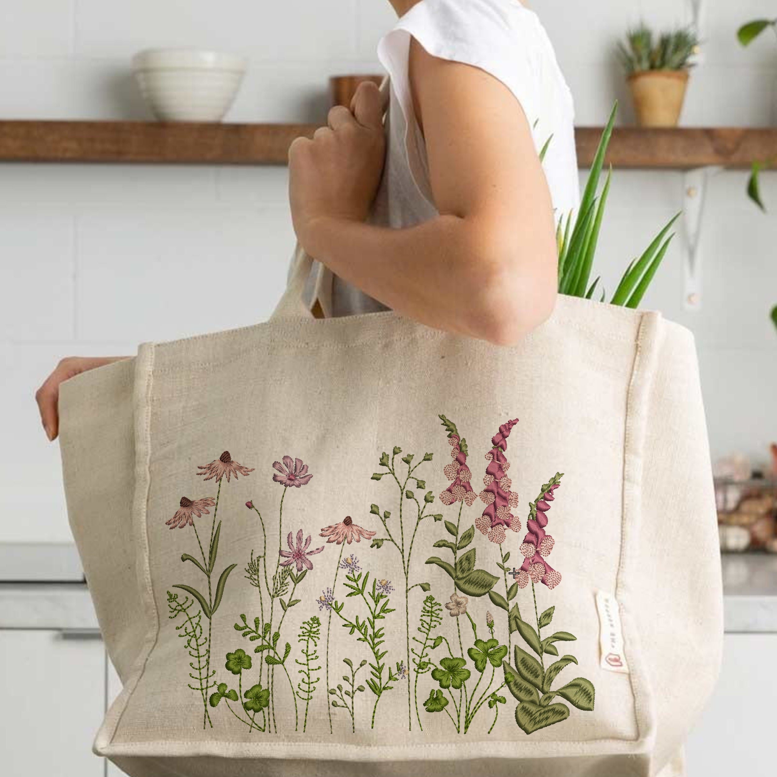 Coneflower and Foxglove Flower Garden for Machine Embroidery embroidered on an handbag