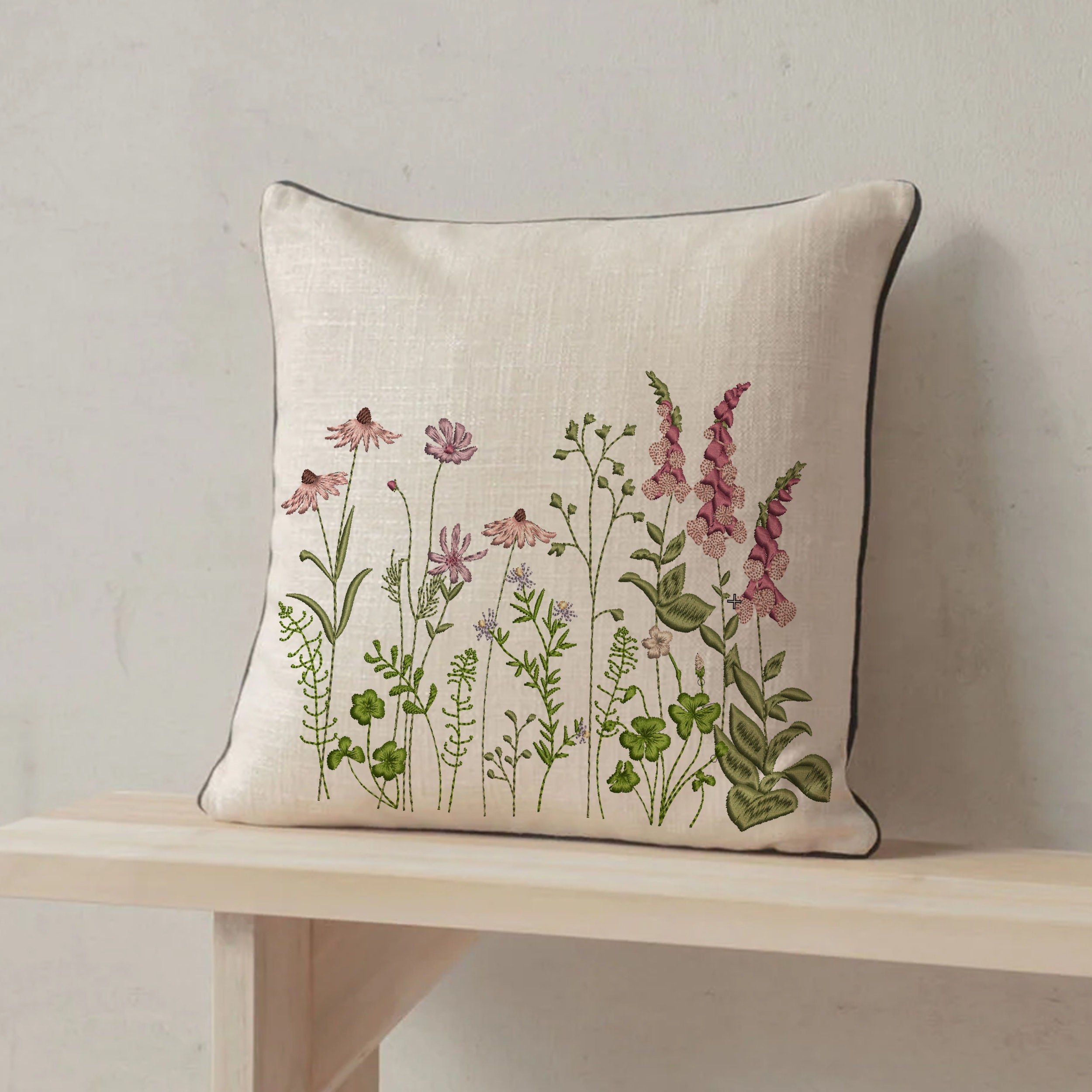 Coneflower and Foxglove Flower Garden for Machine Embroidery on a pillow