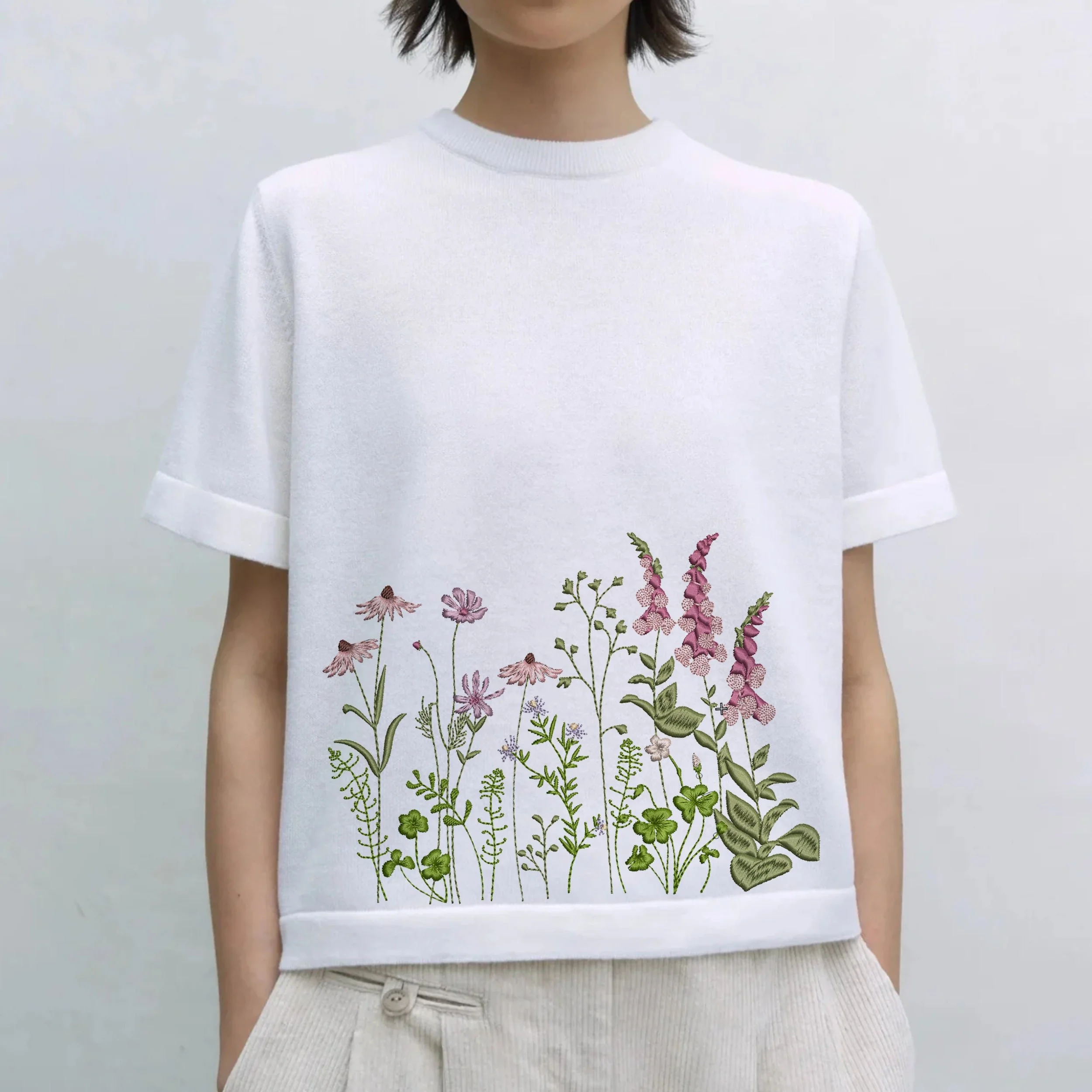 Coneflower and Foxglove Flower Garden for Machine Embroidery embroidered on a white t-shirt