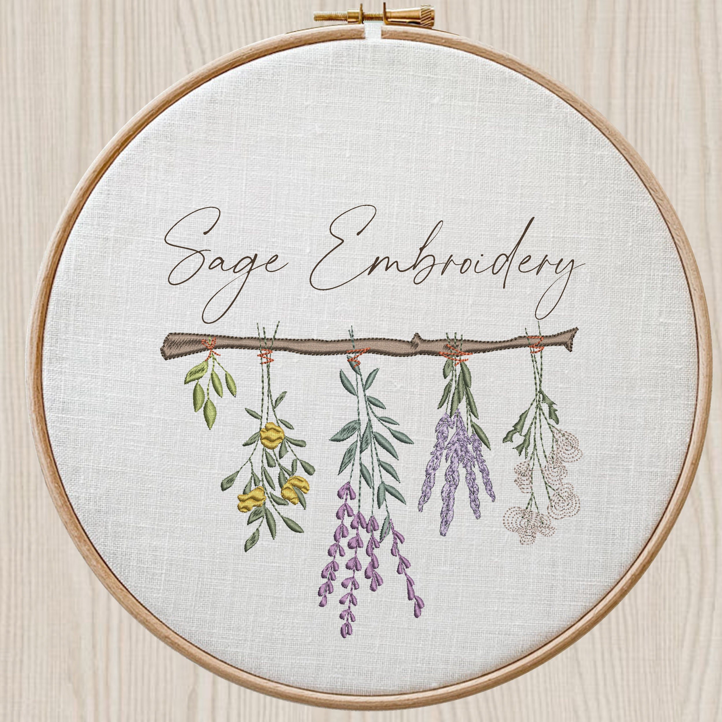 Drying Herb and Wildflower Border Machine Embroidery Design File embroidered on a hoop