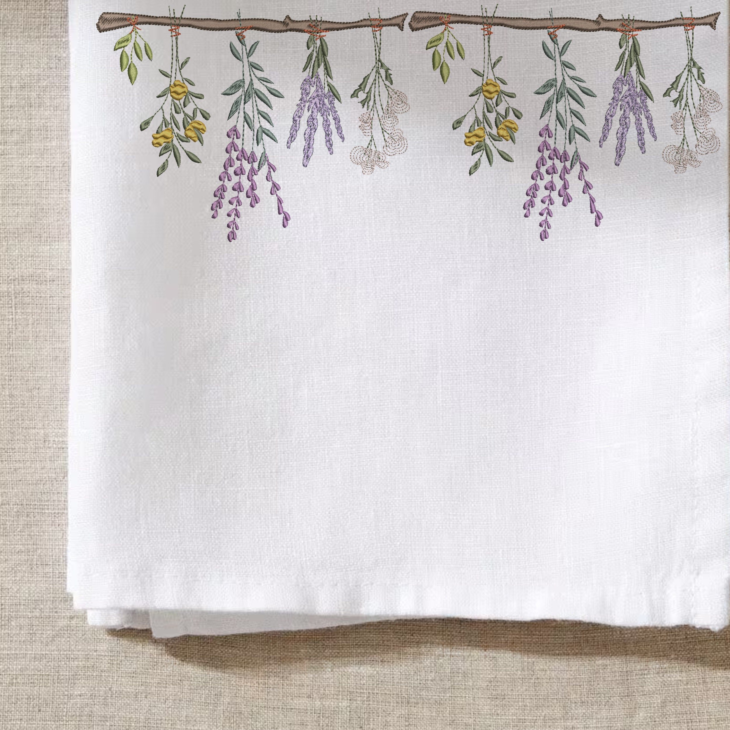 ing Herb and Wildflower Border Machine Embroidery Design File embroidered on a kitchen towel trim