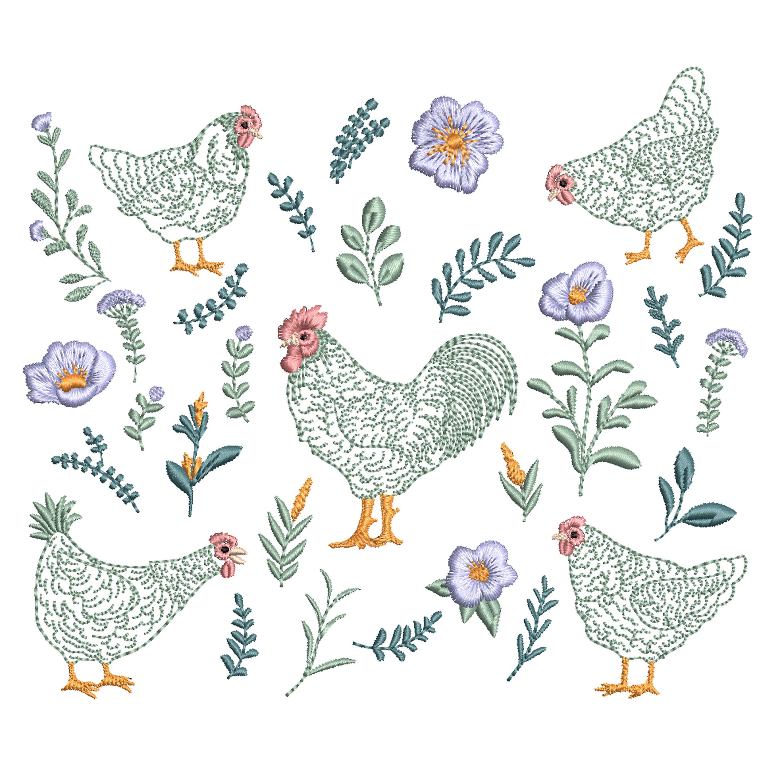 Farmhouse Flower Chicken and Rooster Machine Embroidery Design File
