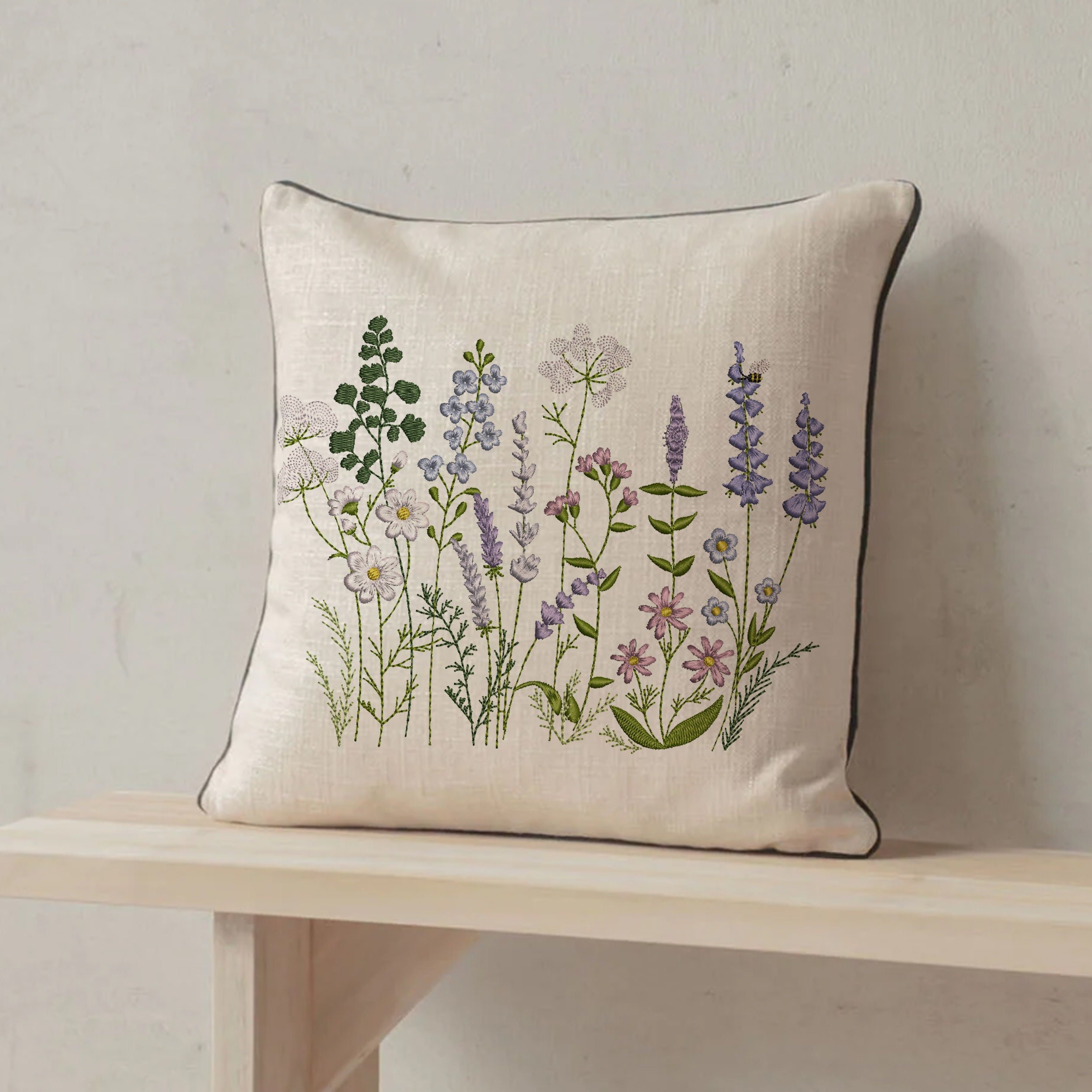 Summer Flower Meadow Machine Embroidery Design embroidered on a pillow