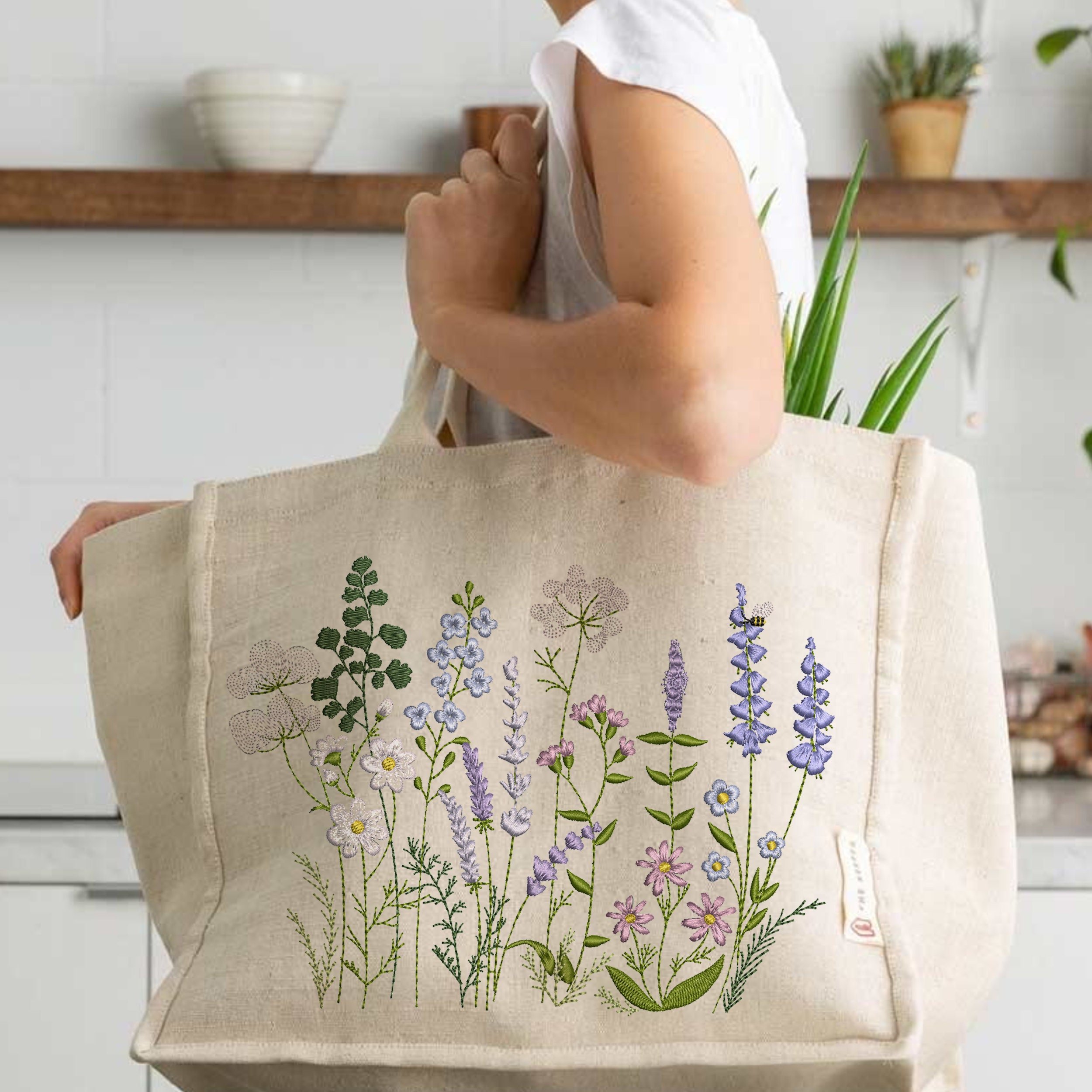 Summer Flower Meadow Machine Embroidery Design embroidered on a handbag
