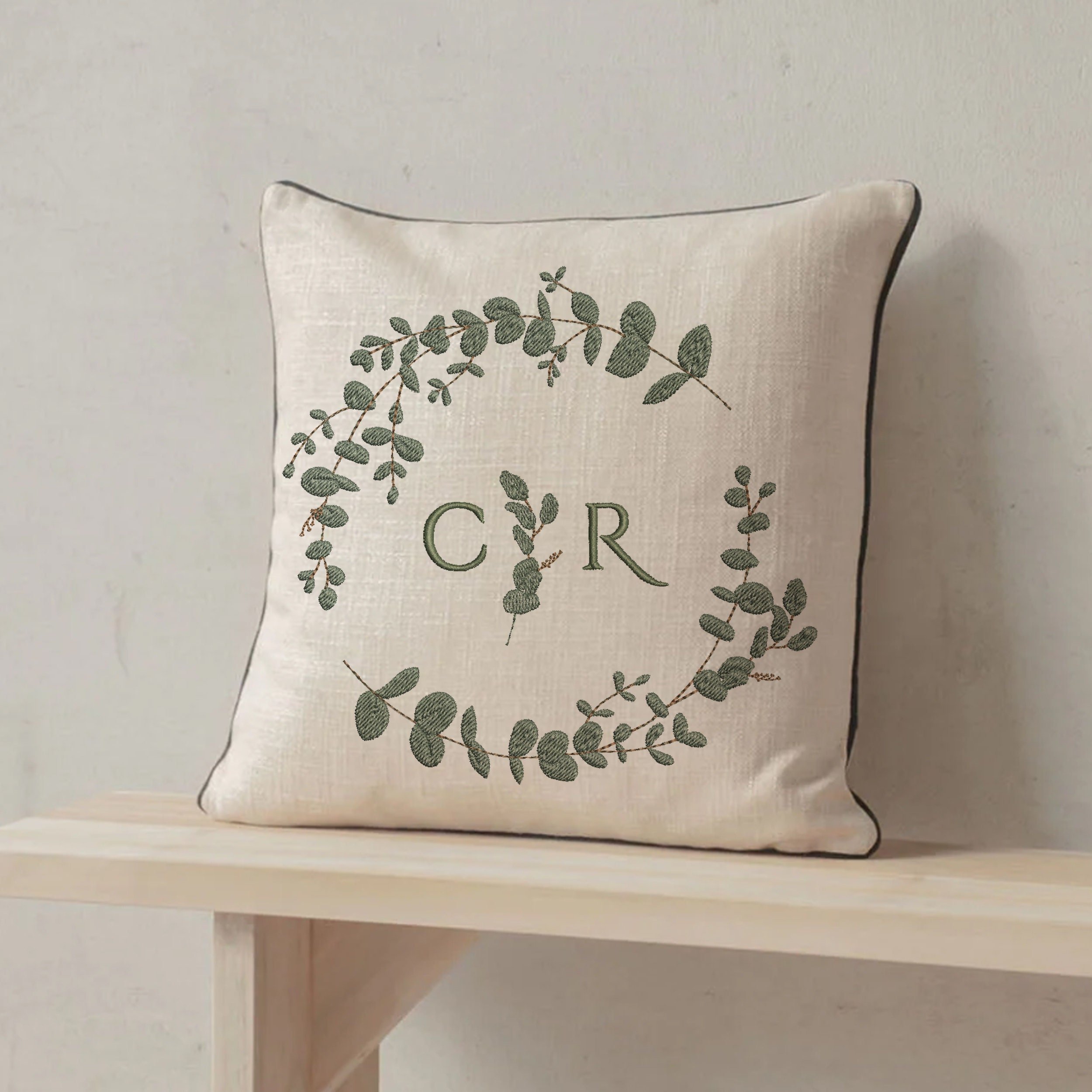 Eucalyptus Wreath Machine Embroidery Design Monogram Wedding Pattern File embroidered on a pillow