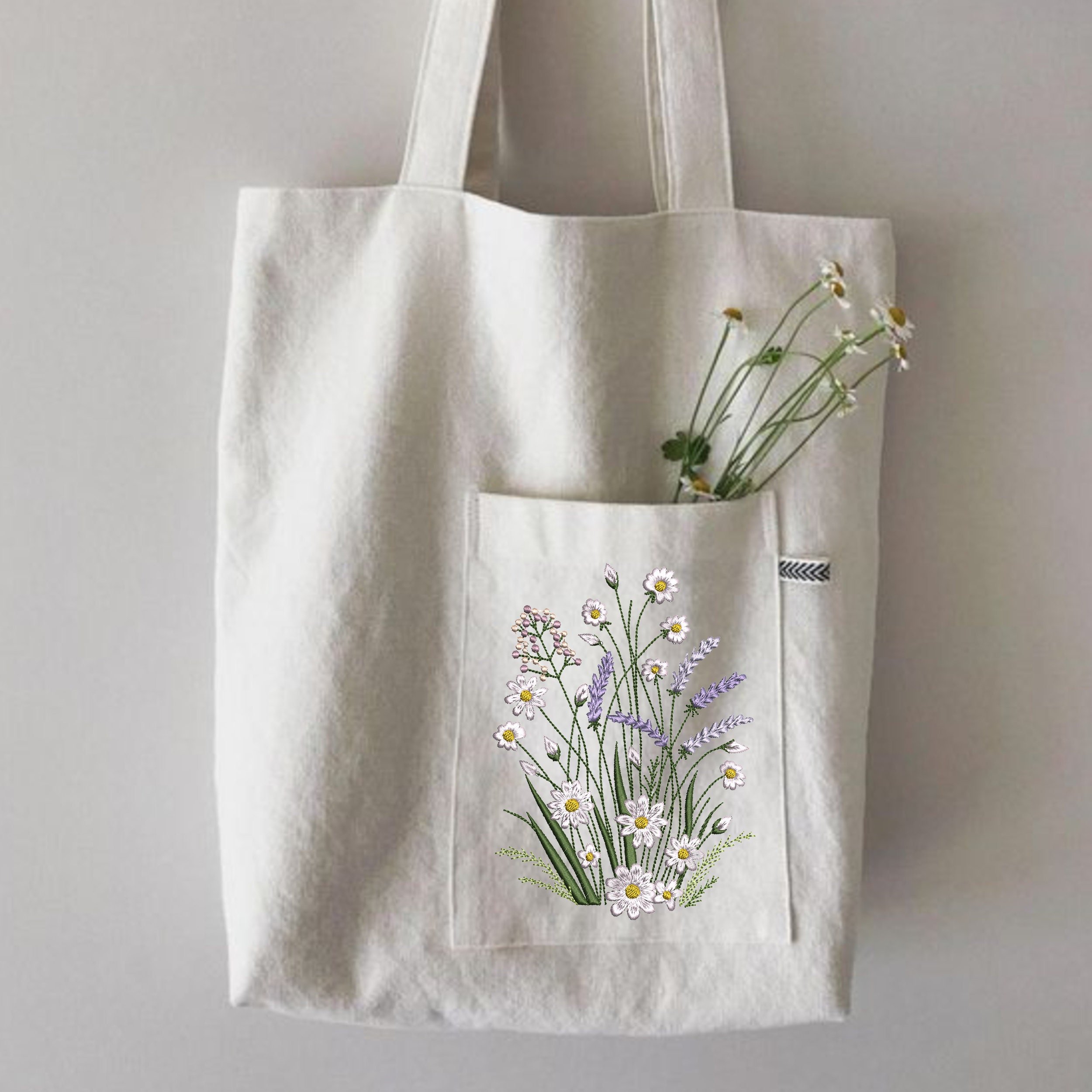 Chamomile and Lavender Flower Machine Embroidery Design embroidered on a handbag
