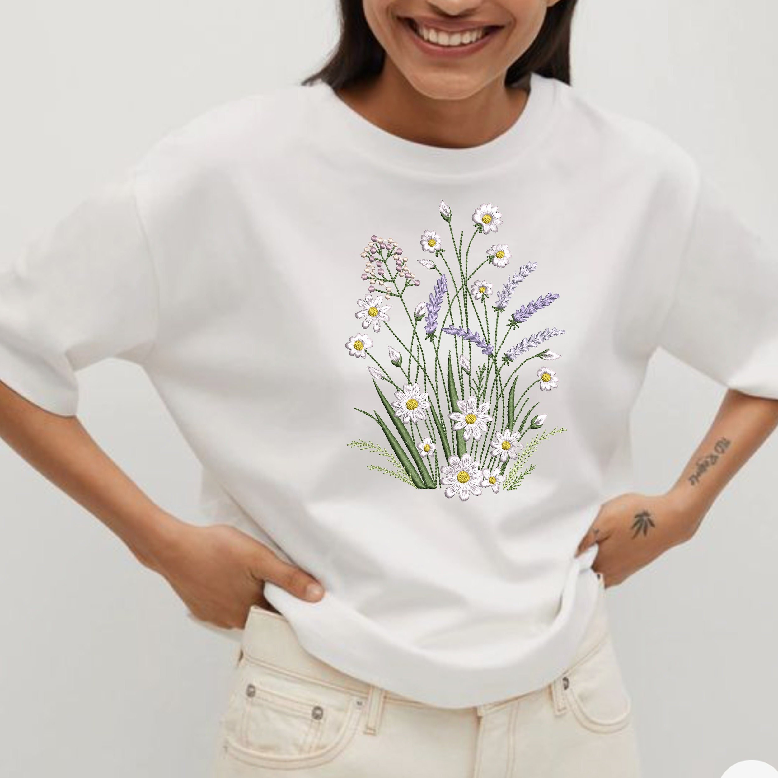 Chamomile and Lavender Flower Machine Embroidery Design embroidered on a t-shirt